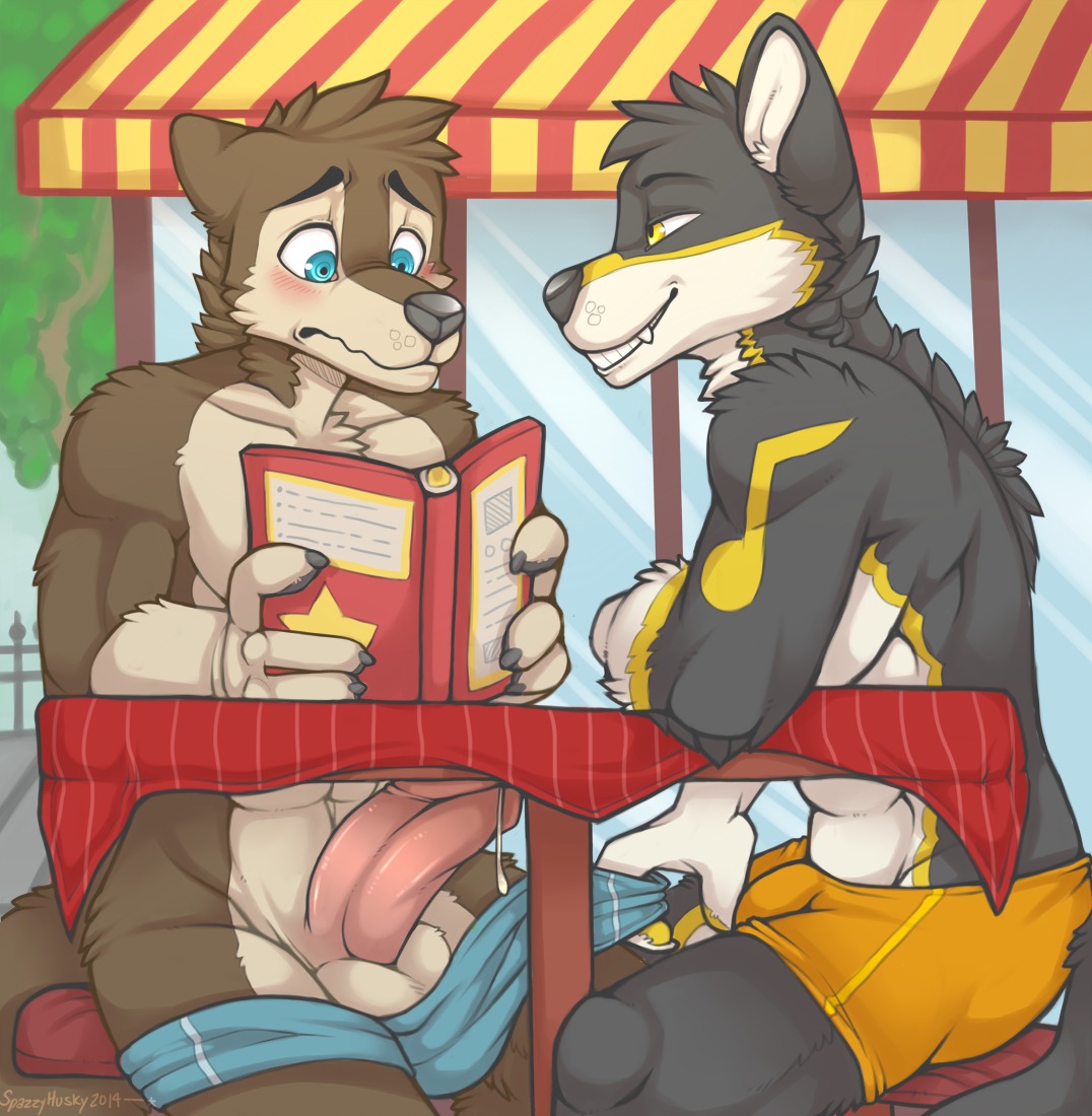2014 abs animal_genitalia anthro assisted_exposure athletic balls biceps big_penis black_body black_fur black_nose black_pawpads blue_eyes blush bodily_fluids book boxers_(clothing) brown_body brown_fur bulge canid canine canis chair chest_tuft claws clef_(clefwolf) clothed clothing cum cum_string digital_media_(artwork) duo e621 embarrassed erection exhibitionism fangs fur furniture genital_fluids genitals grin holding_menu holding_object humanoid_genitalia humanoid_penis humiliation leaking male male/male mammal menu muscular naughty_face outside pawpads paws pecs penis precum public public_humiliation reading service_menu shaded sheath sitting smile spazzyhusky table tablecloth tan_body tan_fur teeth thick_penis tidus_(character) topless tuft under_table underwear undressing white_body white_fur wolf yellow_body yellow_eyes yellow_fur yellow_pawpads