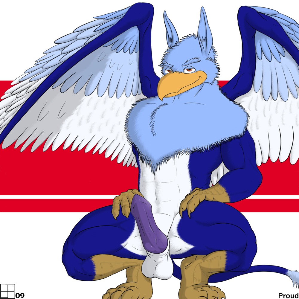 1:1 2009 anthro avian balls beak chest_tuft crouching e621 erection feathered_wings feathers forsen fur genitals gryphon looking_at_viewer male mythological_avian mythological_creature mythology penis presenting purple_penis red_eyes simple_background smile solo spread_legs spread_wings spreading tail tuft wings