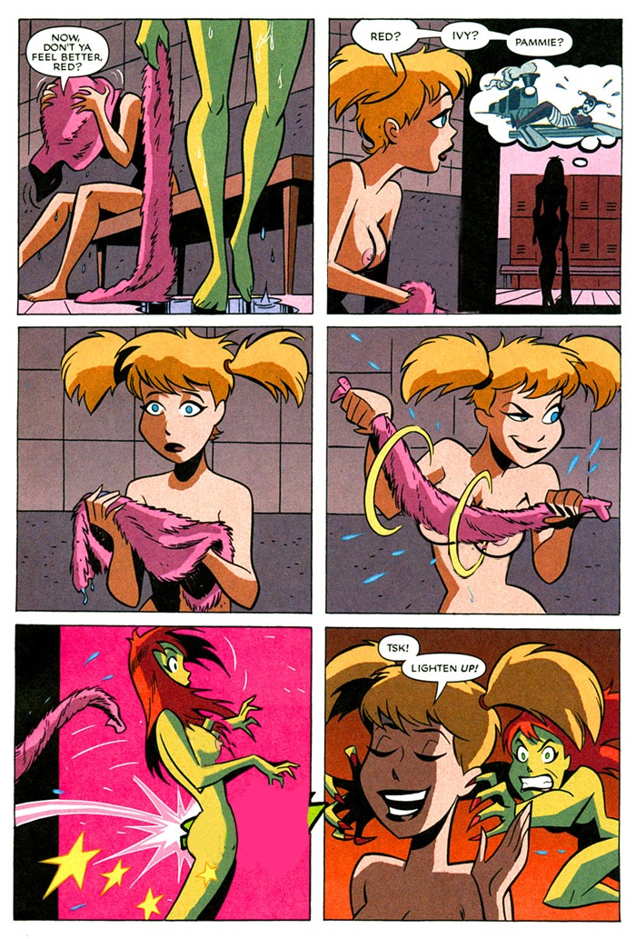 2d angry batman:_the_animated_series batman_(series) bruce_timm casual comic dc dc_comics dcau dialogue female female_only green-skinned_female green_skin harleen_quinzel harley_quinn human lee_loughridge multiple_females multiple_girls nonsexual nonsexual_nudity nude pale_skin poison_ivy poison_ivy_(dcau) rule34 shane_glines speech_bubble the_new_batman_adventures towel towel_snap