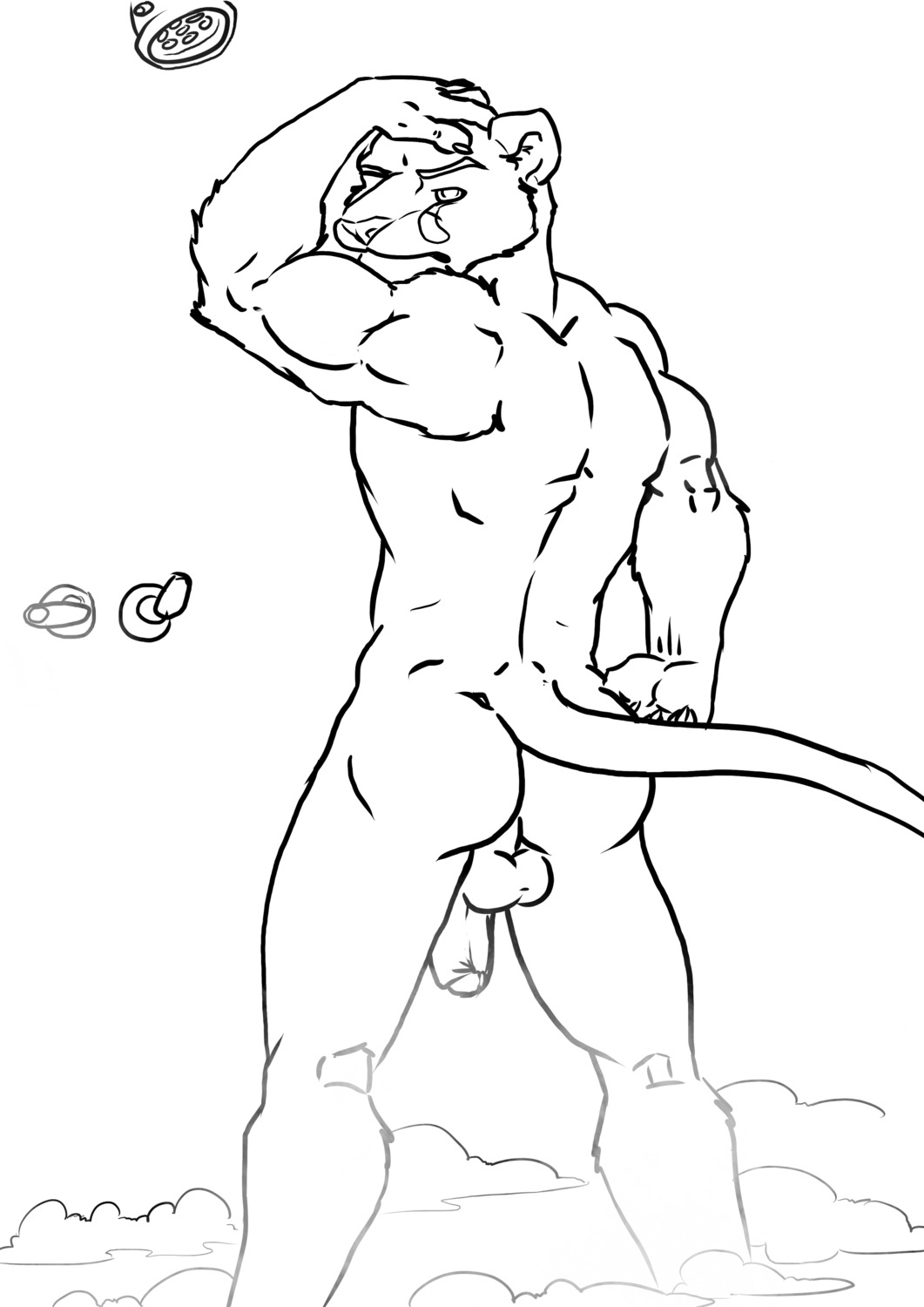 absurd_res anthro back_muscles backsack balls biped black_and_white butt claws cougar e621 felid feline flaccid flexing foreskin genitals hand_on_head hi_res humanoid_genitalia humanoid_penis kihu looking_at_viewer looking_back male mammal monochrome muscular muscular_anthro muscular_male nude penis pose rear_view shower shower_head simple_background solo standing tail white_background