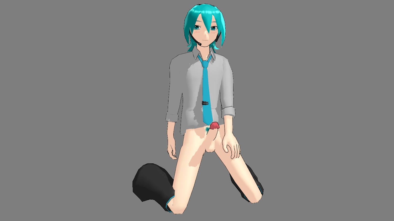 1boy 3d animasa_(3d_model_style) aqua_eyes aqua_hair beige_skin blue_hair bottomless cel_shading color erection green_eyes green_hair high_resolution kneeling male male_only matching_hair_and_eye_color mikuo_hatsune mmd necktie penis rule34 rule_63 short_hair simple_background solo uncensored vocaloid white_background