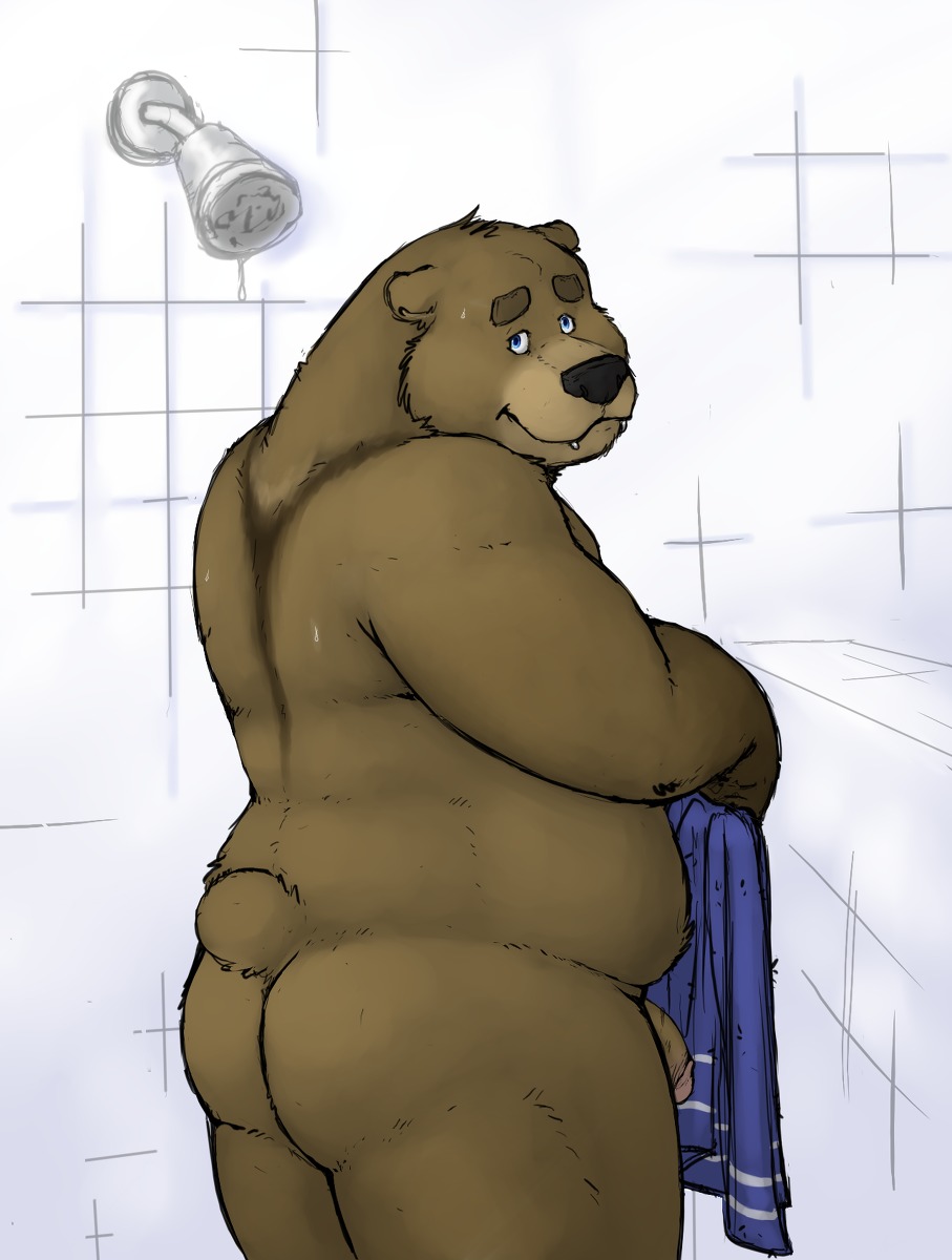 anthro bear black_nose blue_eyes brown_bear butt e621 eyebrows flaccid genitals grizzly_bear hi_res kronexfire looking_at_viewer male mammal overweight overweight_anthro overweight_male penis piercing shower shower_head slightly_chubby solo teeth towel ursine