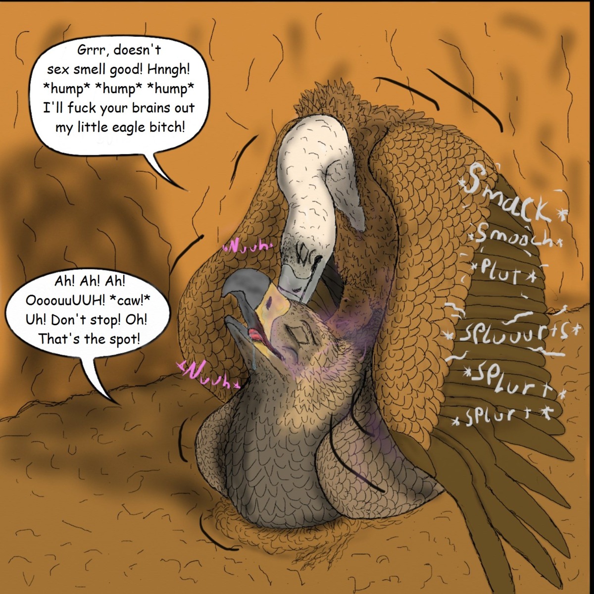 1:1 accipitrid accipitriform avian bird bodily_fluids cloacal cloacal_kiss cum dialogue dominant dominant_male drooling duo e621 eagle english_text feral ferobird genital_fluids golden_eagle griffon_vulture hi_res male male/male mantling old_world_vulture profanity saliva sawyer_(ferobird) scent sex smell text true_eagle vulture