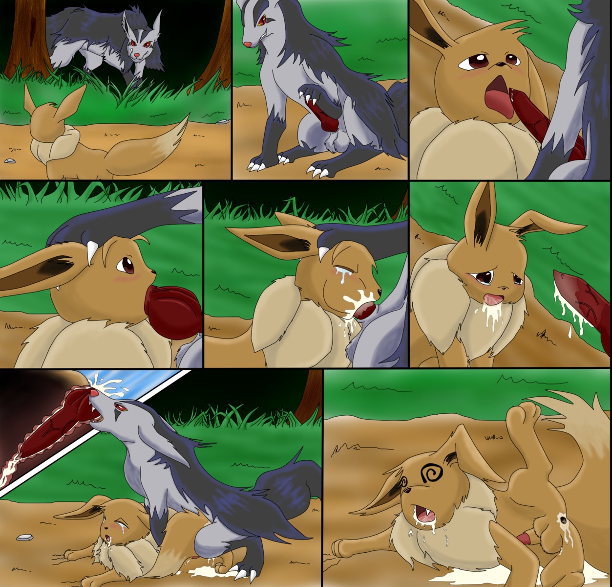 anal anal_knotting anal_penetration animal_genitalia animal_penis balls bodily_fluids budakurosawa canid canine canine_genitalia canine_penis comic cum cum_in_ass cum_in_mouth cum_inside cum_pool deep_throat duo e621 eevee erection eyes_closed fellatio feral feral_on_feral forced generation_1_pokemon generation_3_pokemon genital_fluids genitals hi_res knot knotting lying male male/male male_penetrated male_penetrating male_penetrating_male mammal mightyena nintendo open_mouth oral oral_knotting oral_penetration penetration penile penis pokemon pokemon_(species) rape sex tears tongue tongue_out