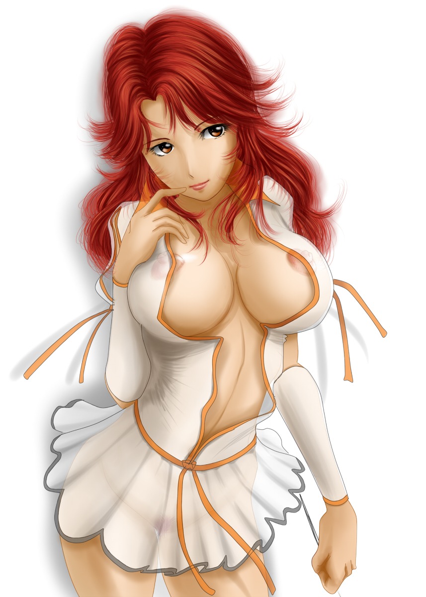 1girls 2011 breasts brown_eyes cleavage curvaceous dress female haruka_brigadier highres hokuto_no_ken human large_breasts light-skinned_female light_skin long_hair mamiya_(hokuto_no_ken) miniskirt needle nipples pubic_hair red_hair rule34 see-through shounen_jump skirt solo wristband