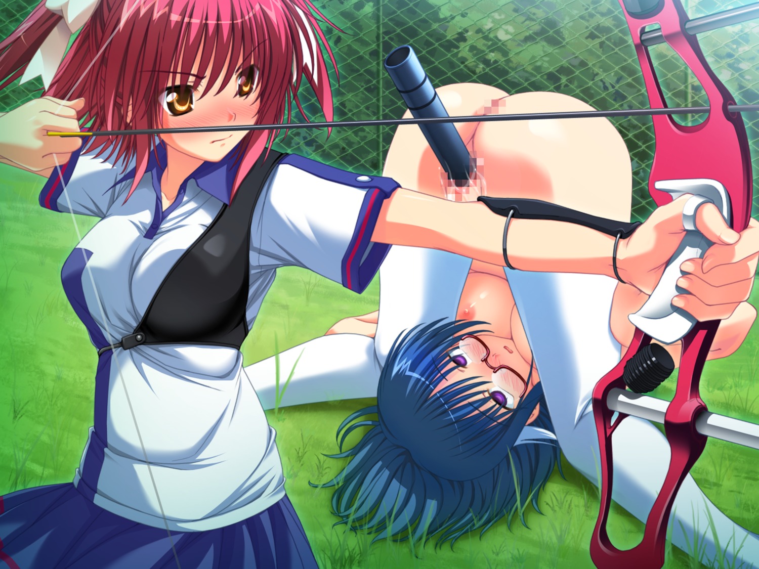 blue_hair blush bow censored clothing dildo female game_cg glasses himegami_nanase kotou_tsukasa nipples pink_hair pussy rule34 short_hair skirt soushinjutsu_3 soushinjutsu_rei stockings
