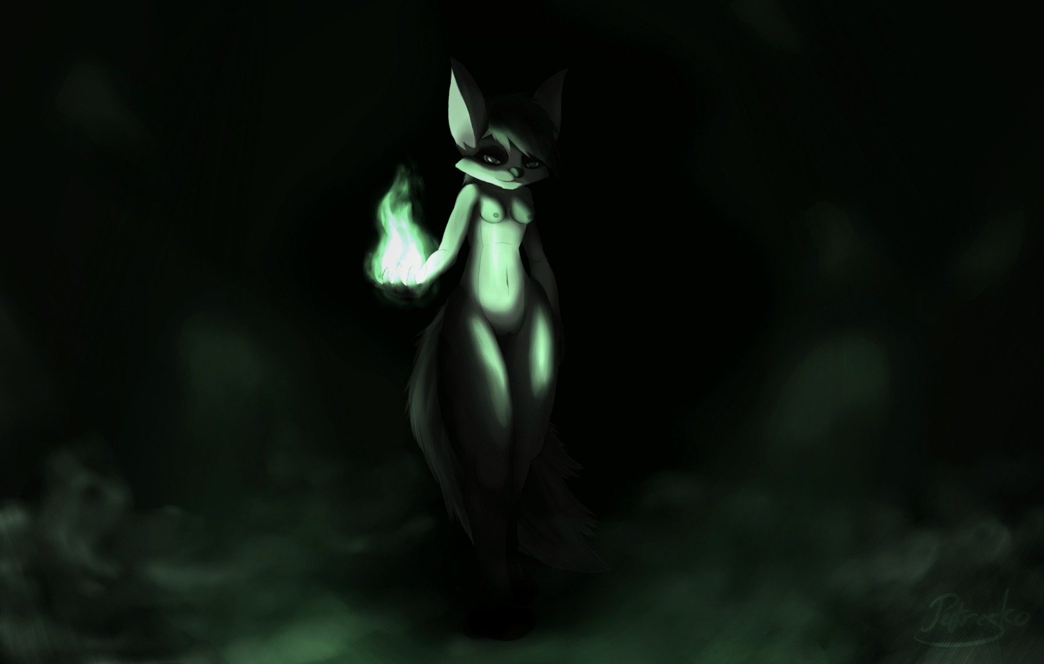4_fingers anthro barefoot breasts cave e621 feet female fingers fire fluffy fluffy_tail fog fur genitals green_body green_fur hi_res long_ears long_tail looking_at_viewer mammal nipples nude petresko pose procyonid raccoon smile smirk solo tail vulva