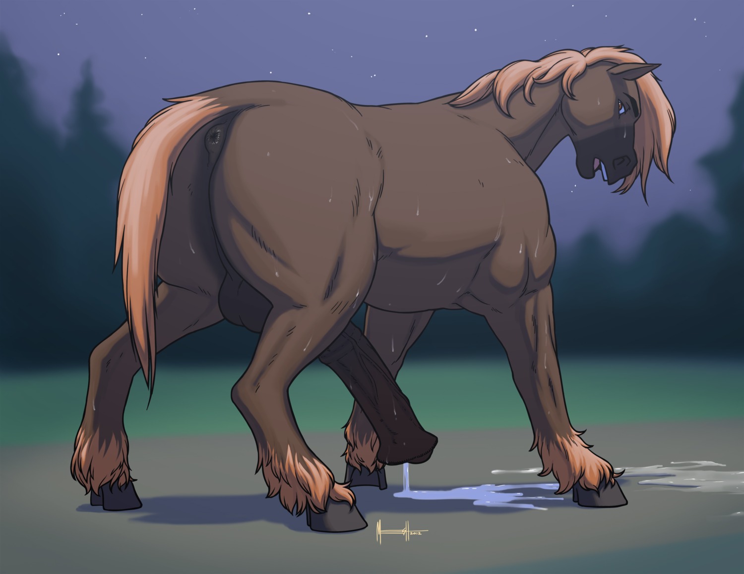 2012 absurd_res after_transformation animal_genitalia animal_penis anus backsack balls biceps bodily_fluids brown_body brown_fur butt cum cum_drip cum_on_ground digital_media_(artwork) dripping e621 equid equine equine_genitalia equine_penis erection feral flared_penis fur genital_fluids genitals grass hair hi_res hooves horse looking_back male mammal meesh muscular muscular_feral muscular_male nude orange_hair outside pecs penis plant presenting presenting_hindquarters puffy_anus quadruped shadow sheath signature solo sweat tail thick_penis transformation vein werecreature wereequine werehorse