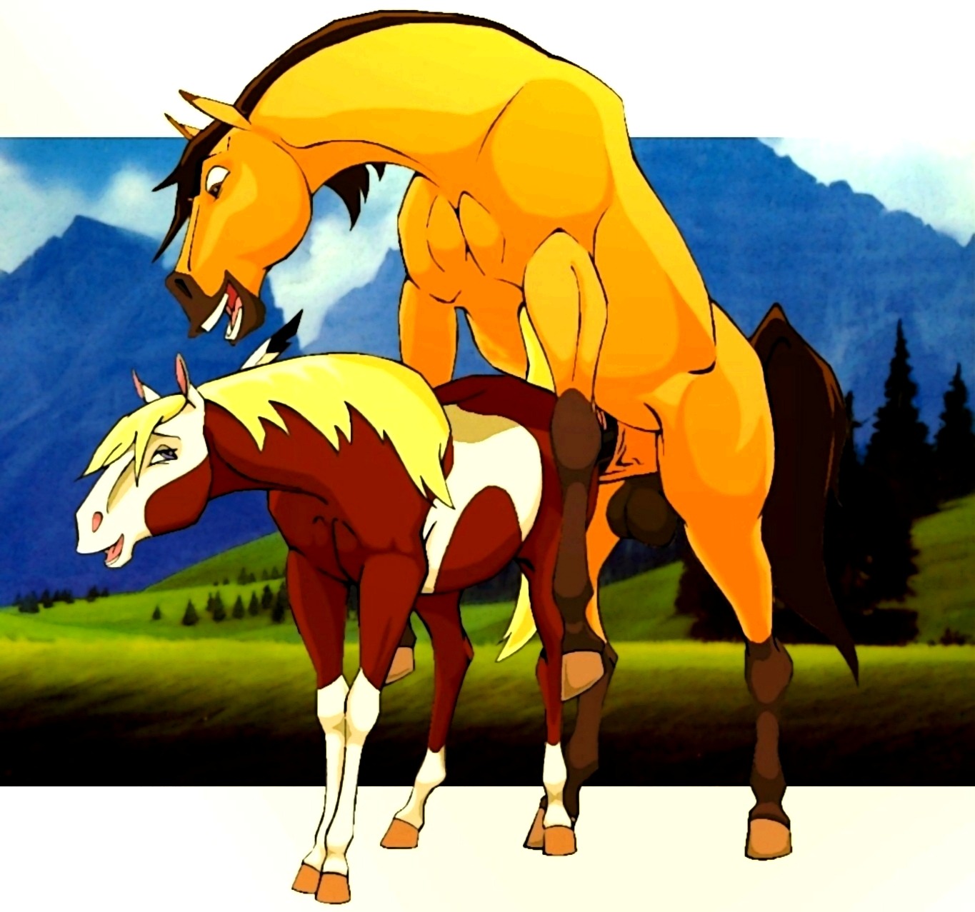 balls dreamworks duo e621 equid equine female feral feral_on_feral genitals hi_res hooves horse klaus_doberman male male/female mammal pinto_horse rain_(cimarron) sex spirit:_stallion_of_the_cimarron spirit_(cimarron) tail