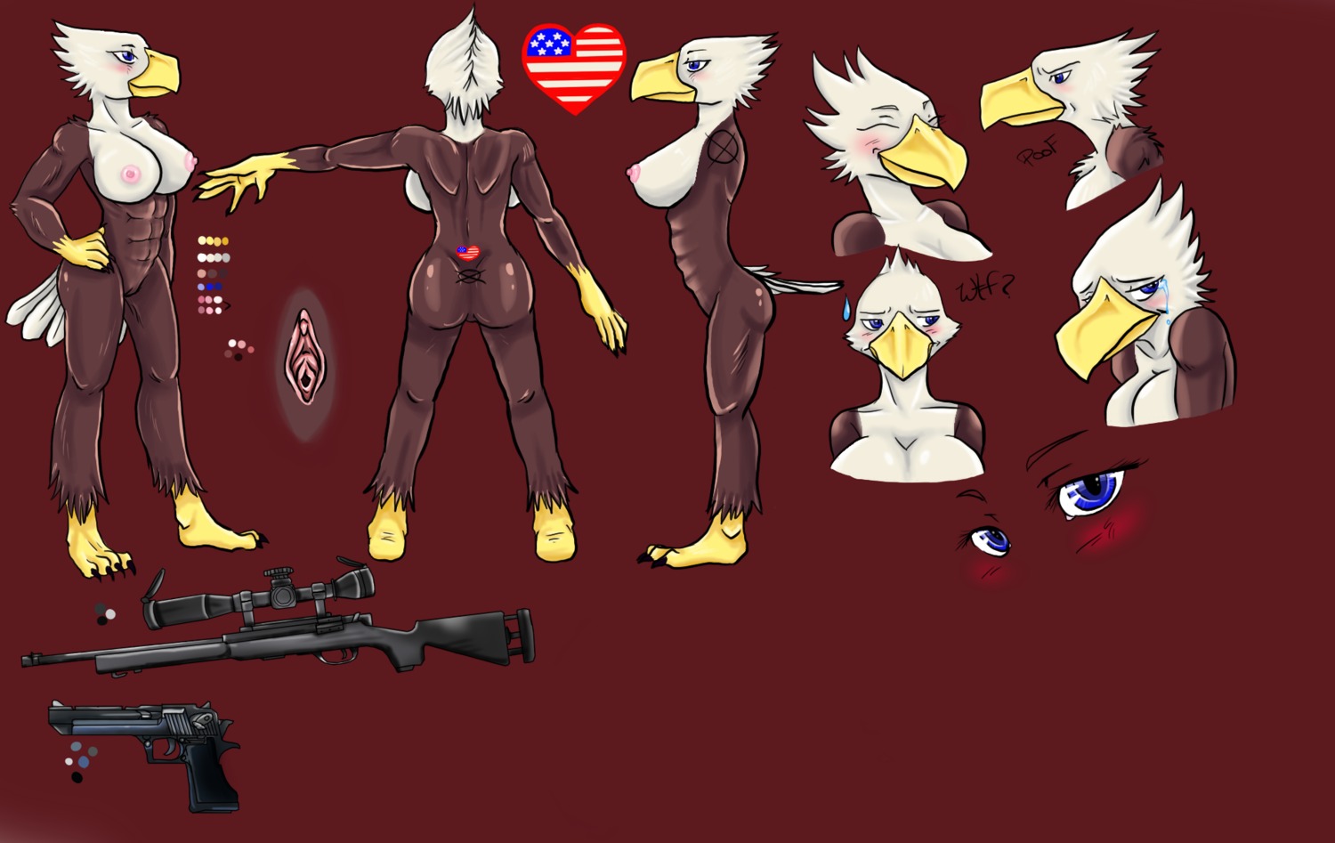 abs accipitrid accipitriform american_flag avian bald_eagle beak bird breasts claws desert_eagle e621 eagle feet female genitals gun handgun hi_res jacklyn_morgonel model_sheet multiple_poses non-mammal_breasts pistol pose ranged_weapon rifle rue_hawthorne sea_eagle side_view smaller_version_at_source sniper_rifle solo talons toes turnaround united_states_of_america vulva weapon