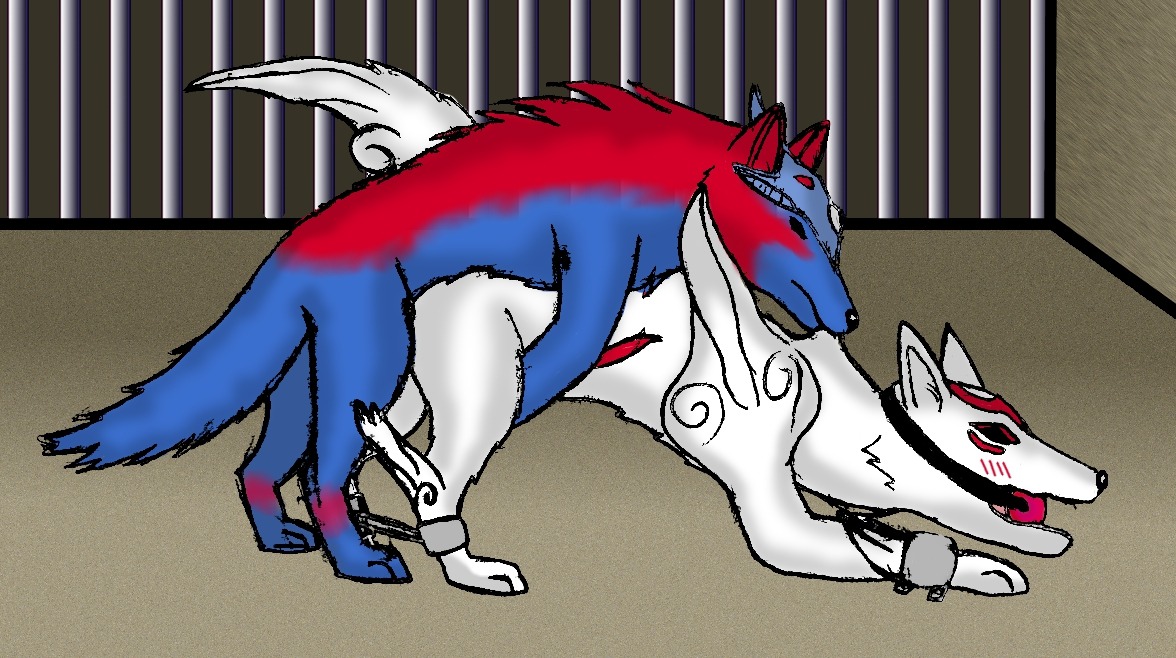 2014 all_fours amaterasu_(okami) ambiguous_penetration ball_gag bars bdsm blush bondage bound canid canine canis capcom clover_studio deity digital_media_(artwork) doggystyle duo e621 female feral feral_on_feral forced from_behind_position fur gag gagged kitsuneshapeshifter leg_spreader male male/female mammal mask okami_(capcom) oki_(okami) penetration prison prison_bars prison_cell prison_rape prisoner rape restraints sex spreader_bar white_body white_fur wolf