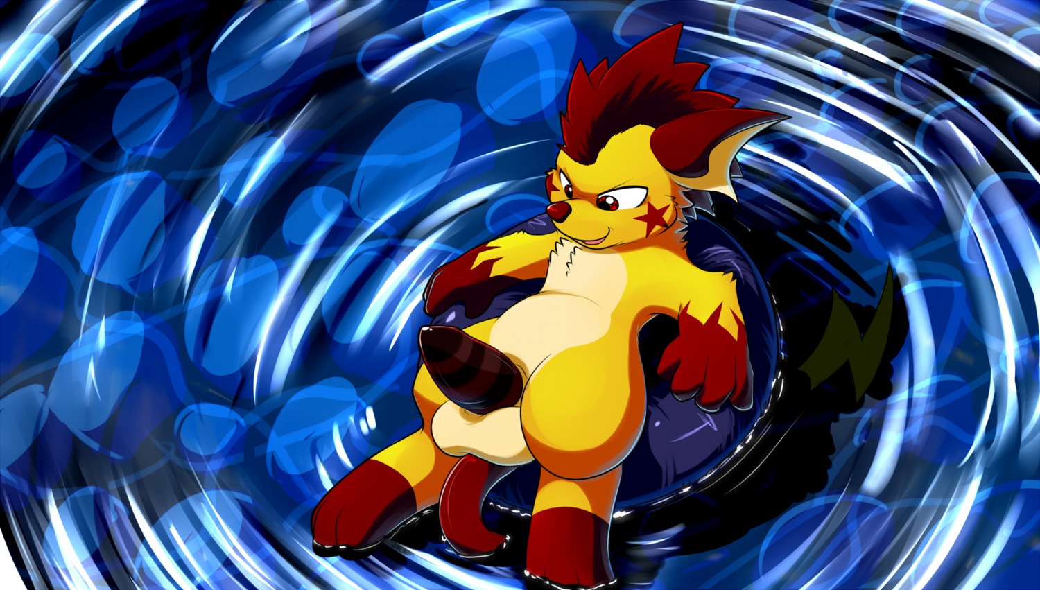 balls black_penis brown_hair e621 erection fan_character feral generation_1_pokemon genitals hair hi_res looking_at_genitalia looking_at_own_penis looking_at_penis looking_at_self lying male mammal nintendo nude on_back penis pinup pokemon pokemon_(species) pool_float pose raichu red_eyes rodent roy_(raichu) roy_arashi solo star striped_genitalia striped_penis stripes toony water