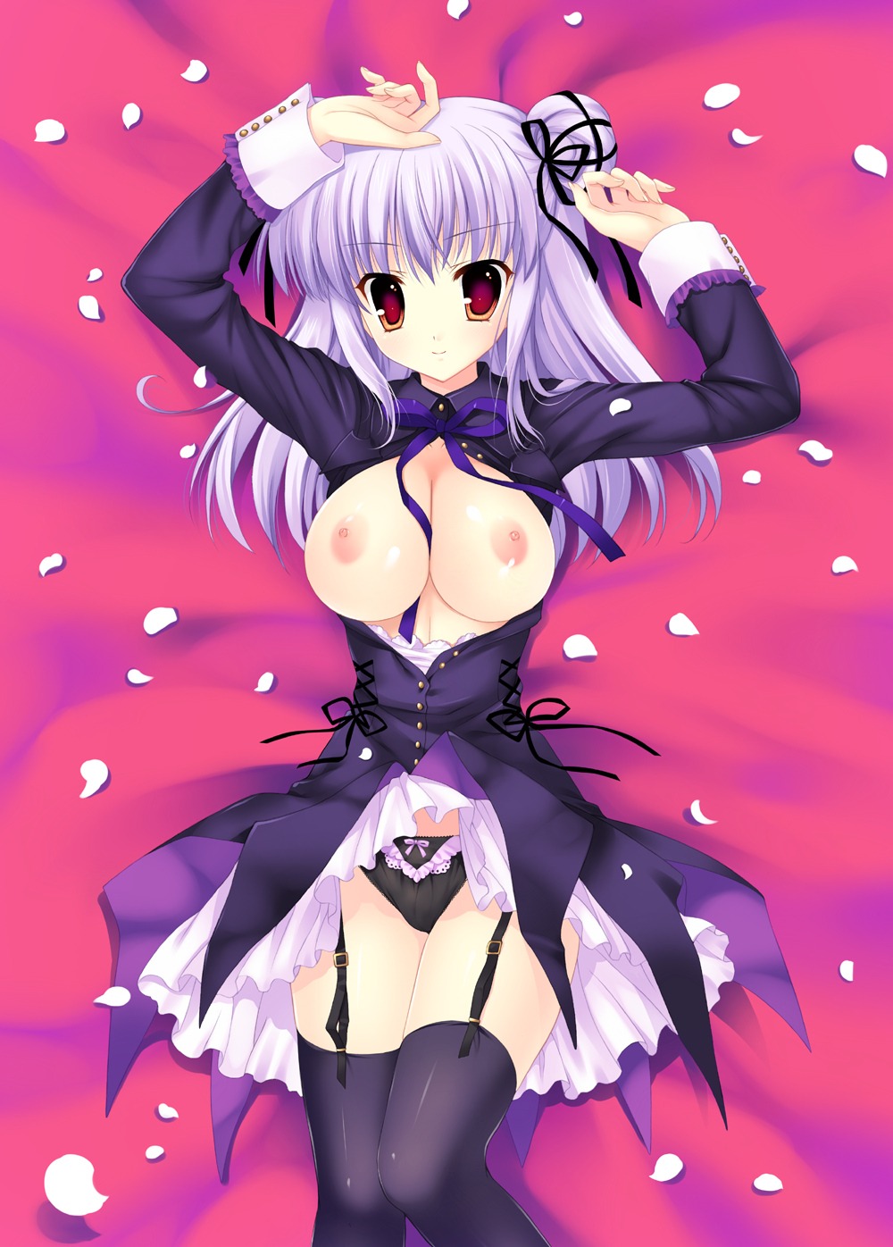 1girls bed breasts female hair_ribbon highres large_breasts lying nipples panties petals purple_hair red_eyes ribbon rule34 smile solo underwear