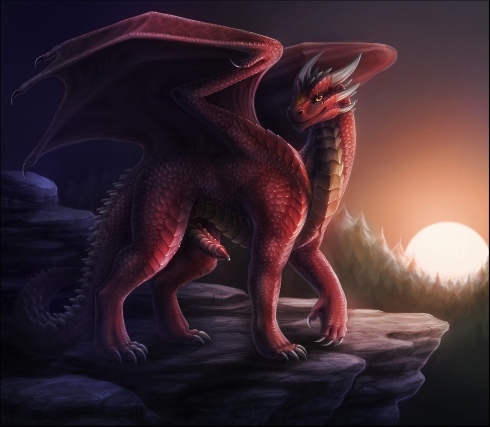 1boy cum dragon horns ignis looking_at_viewer male male_only mountain original_character penis red rule34 scalie scar solo sun superboll wings