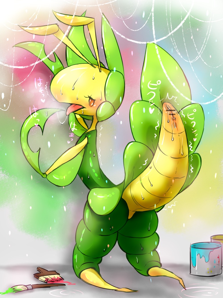 3:4 anthro arthropod arthropod_abdomen arthropod_abdomen_genitalia arthropod_abdomen_vulva blush bodily_fluids censored denmoko digital_media_(artwork) e621 female generation_5_pokemon genitals insect leavanny nintendo pokemon pokemon_(species) saliva saliva_string solo sweat unavailable_at_source vulva