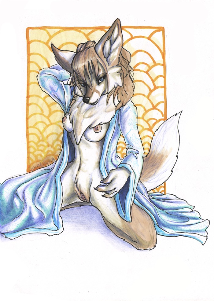 anthro blue_eyes breasts canid canine clothed clothing e621 female fox genitals looking_at_viewer mammal nipples seductive shalinka skimpy solo tail vulva