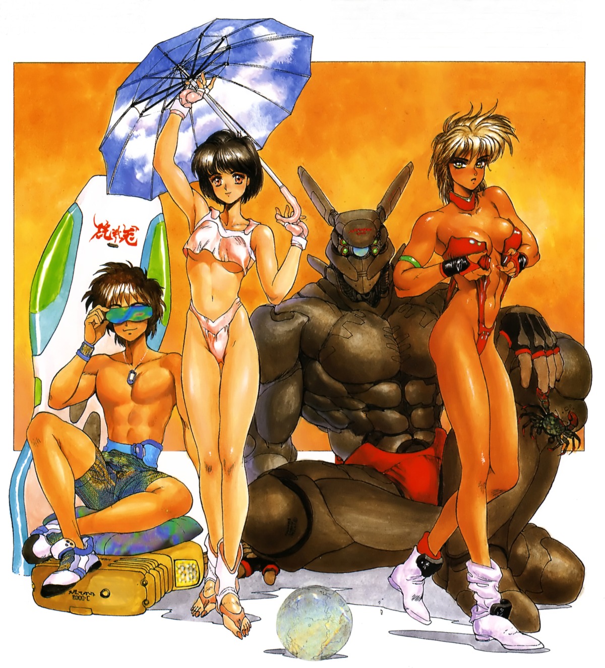 appleseed bikini breasts briareos_hecatonchires cleavage deunan_knute female hitomi_(appleseed) masamune_shirow mizugi official_art orange_background rule34 shirou_masamune shirow_masamune white_background yoshitsune