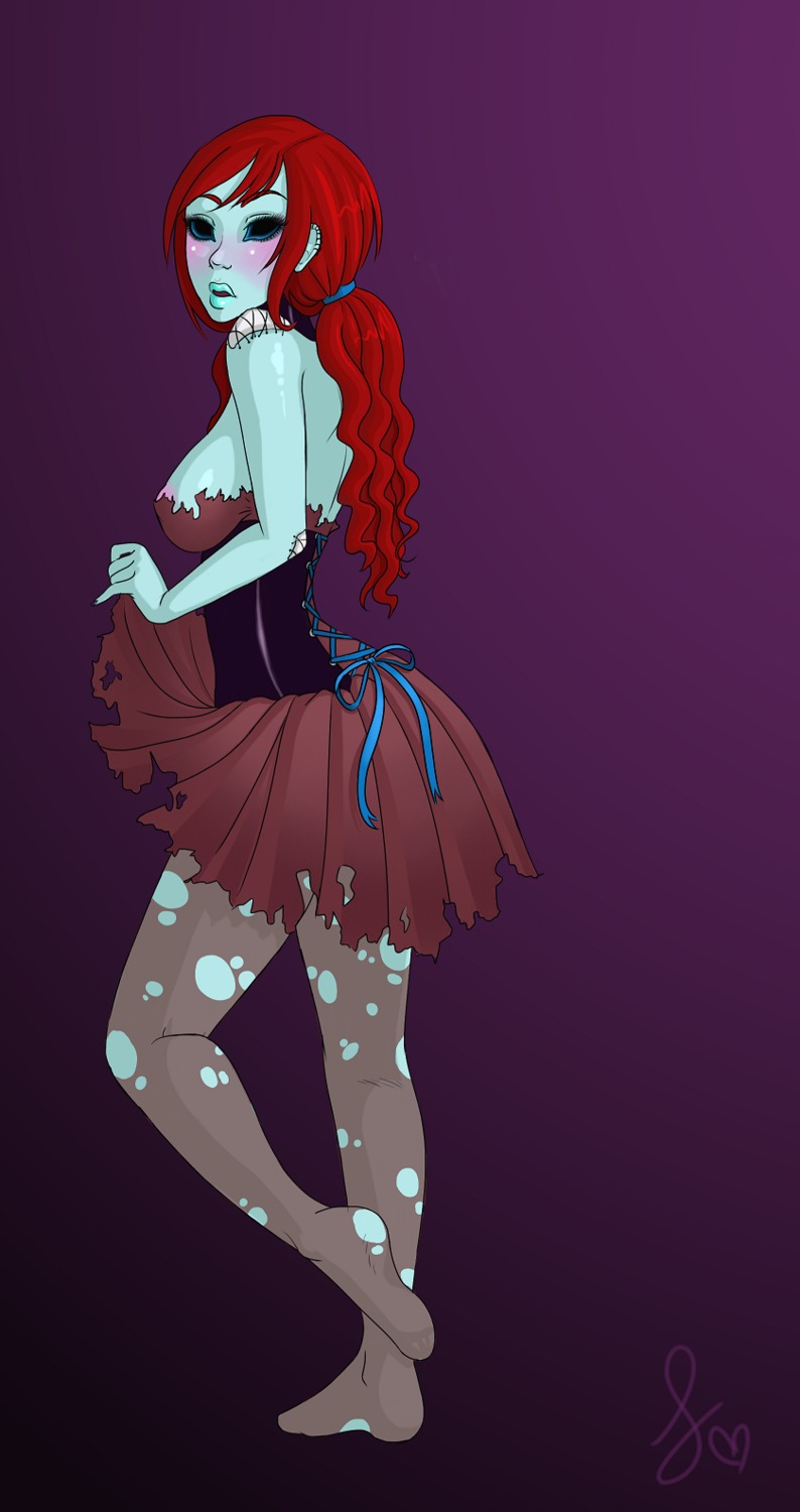 blizzard_entertainment blue_skin blush breasts corset female liefje long_hair nipples purple_background red_hair rule34 simple_background tattered_clothing undead undead_(warcraft) warcraft world_of_warcraft