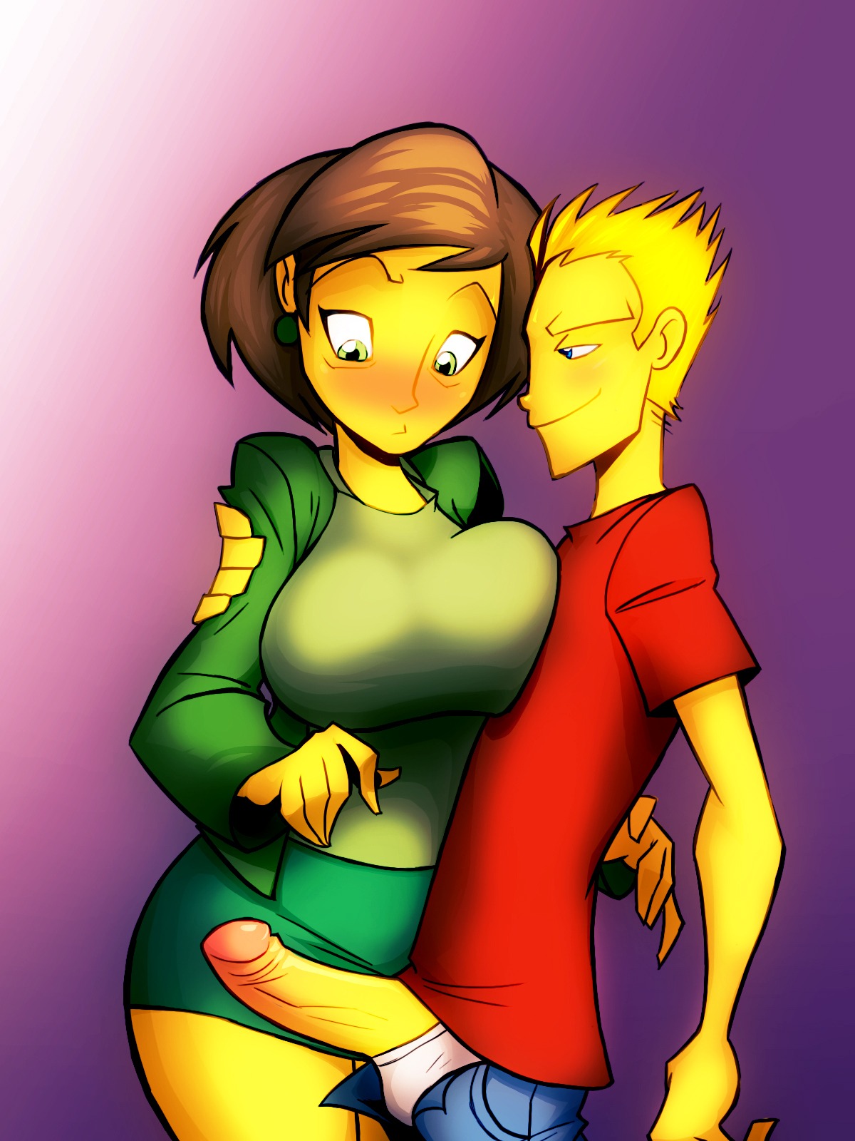 1boy 1girls 2012 20th_century_studios bart_simpson big_breasts big_penis bigdad blue_pants blush breasts brown_hair brunette clothes color darnact digital_media_(artwork) edna_krabappel female green_skirt hair hi_res human male miniskirt older_female open_pants pants penis purple_background rule34 skirt smile standing straight teacher teacher_and_student the_simpsons uncensored underwear white_underwear yellow_body yellow_hair yellow_skin