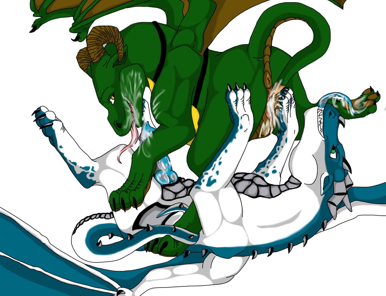 69_position balls blue_markings bodily_fluids cum cum_on_face dragon dragon_tail duo e621 erection european_mythology female feral feral_on_feral genital_fluids genitals green_body hi_res horn jewlzmishta4ever licking long_tongue looking_back male male/female markings membrane_(anatomy) membranous_wings mythological_creature mythological_scalie mythology nude oral penis scalie sex simple_background small_tail smile spiked_tail spikes spikes_(anatomy) sucking tail tongue tongue_out toy vulva western_dragon white_background white_body wings