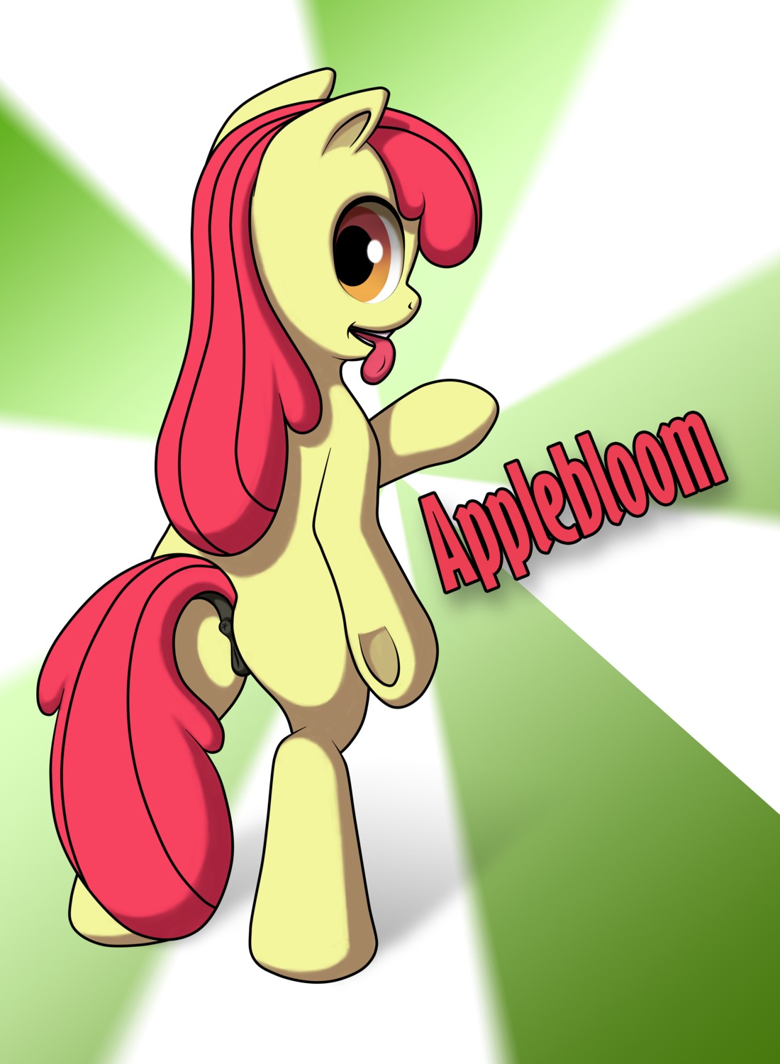 absurd_res amber_eyes anthro anus apple_bloom_(mlp) butt crystal-oscillator e621 earth_pony english_text equid equine female friendship_is_magic genitals hair hasbro hi_res horse mammal my_little_pony pony red_hair solo standing tail text tongue tongue_out vulva young young_anthro young_female