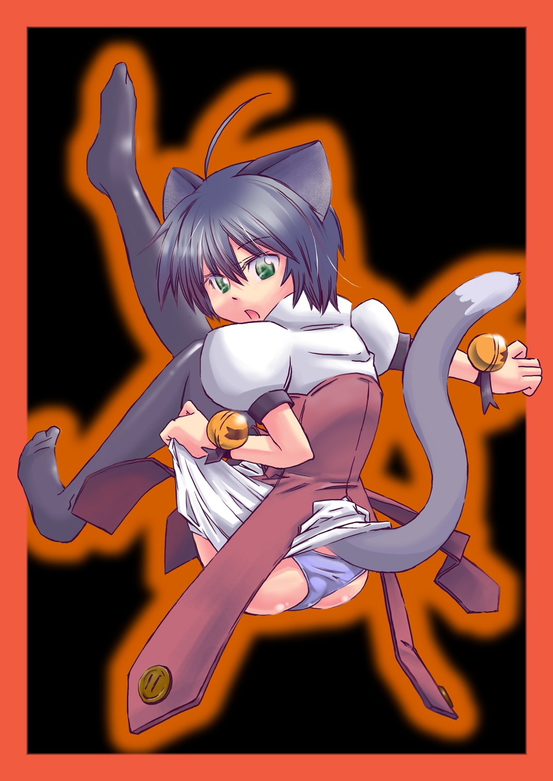 animal_ear ass bell blue_hair clothing dress female green_eyes hasuno_gumi highres kyouka_midarezaki kyouran_kazoku_nikki midarezaki_kyouka panties rule34 sitting stockings tail thighhighs underwear