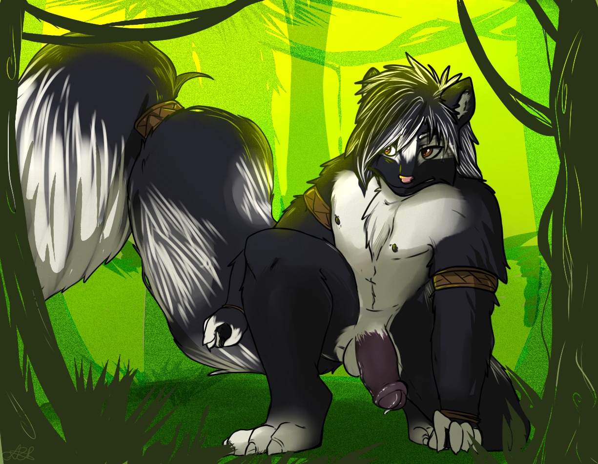 anthro balls bamboo bamboo_tree biped bodily_fluids brown_eyes chest_tuft claws crouching detailed_background digital_media_(artwork) e621 erection foreskin forest fur geeflakes genital_fluids genitals green_background humanoid_genitalia humanoid_penis kneeling male mammal mephitid nature nipples nude outside partially_retracted_foreskin penis plant precum scene_haircut simple_background skunk skunktail solo spotted_skunk tree tuft