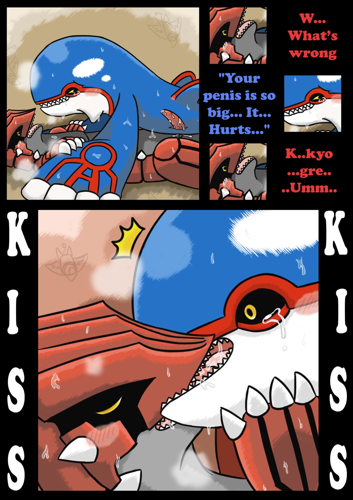 absurd_res bodily_fluids comic crying digital_media_(artwork) duo e621 english_text erection female feral generation_3_pokemon genitals groudon hi_res kissing kyogre legendary_pokemon male male/female nintendo nude pain penis pokemon pokemon_(species) sex sweat tears text translucent translucent_body vavacung vulva
