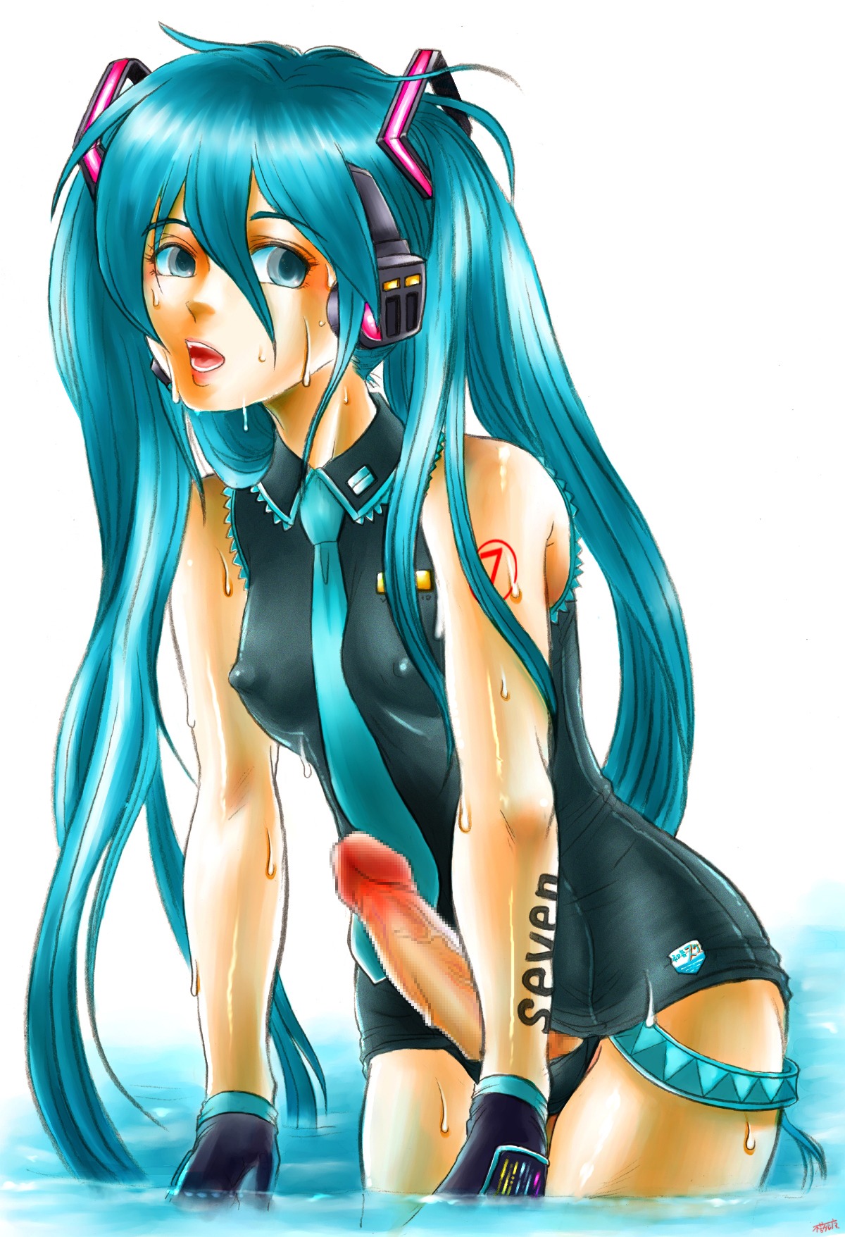 1girl aqua_eyes aqua_hair blue_eyes blue_hair breasts censored covered_nipples erection futanari gloves hatsune_miku headphones headset intersex long_hair medium_breasts necktie nipples_visible_through_clothing one-piece_swimsuit open_mouth penis rule34 school_swimsuit small_breasts solo swimsuit tattoo twintails uncensored veiny_penis very_long_hair vocaloid wading water wet