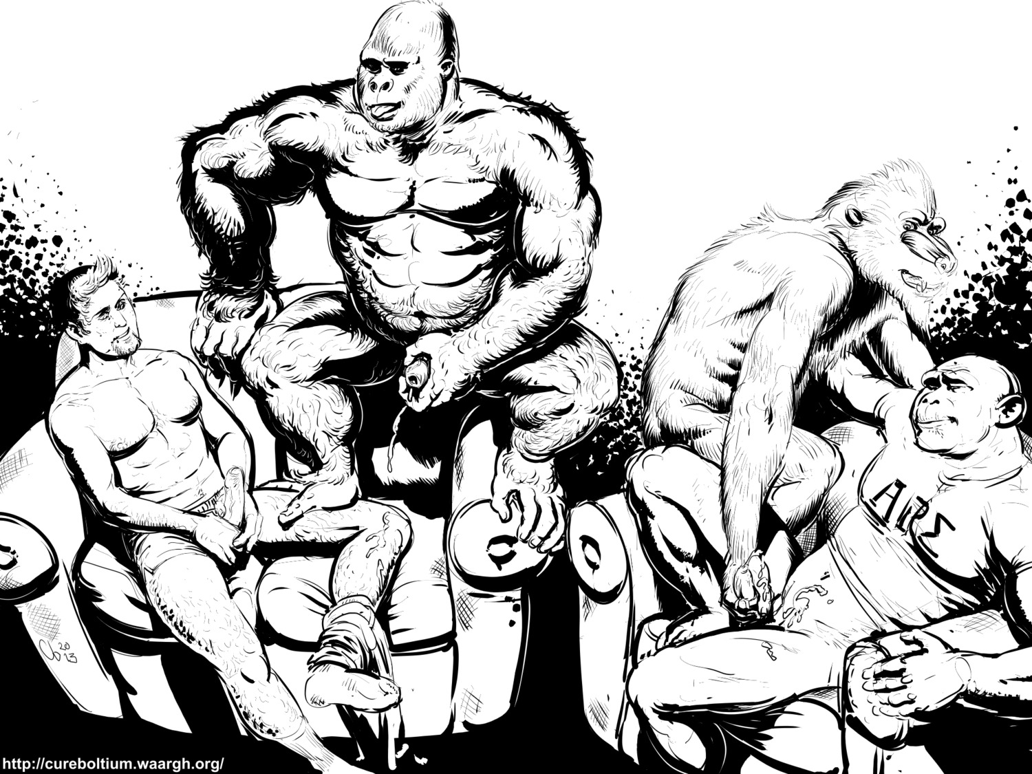 2013 4:3 abs ape balls beard belly biceps black_and_white bodily_fluids chimpanzee clothing cum cumshot cureboltium digital_media_(artwork) e621 ejaculation erection facial_hair feet footwear foreskin genital_fluids genitals gorilla group haplorhine hi_res human humanoid_genitalia humanoid_penis legwear male male/male mammal mandrill masturbation monkey monochrome musclegut muscular old_world_monkey orgasm pan_(genus) pecs penile penile_masturbation penis prehensile_feet primate shirt slightly_chubby socks toes tongue tongue_out topwear underwear unretracted_foreskin
