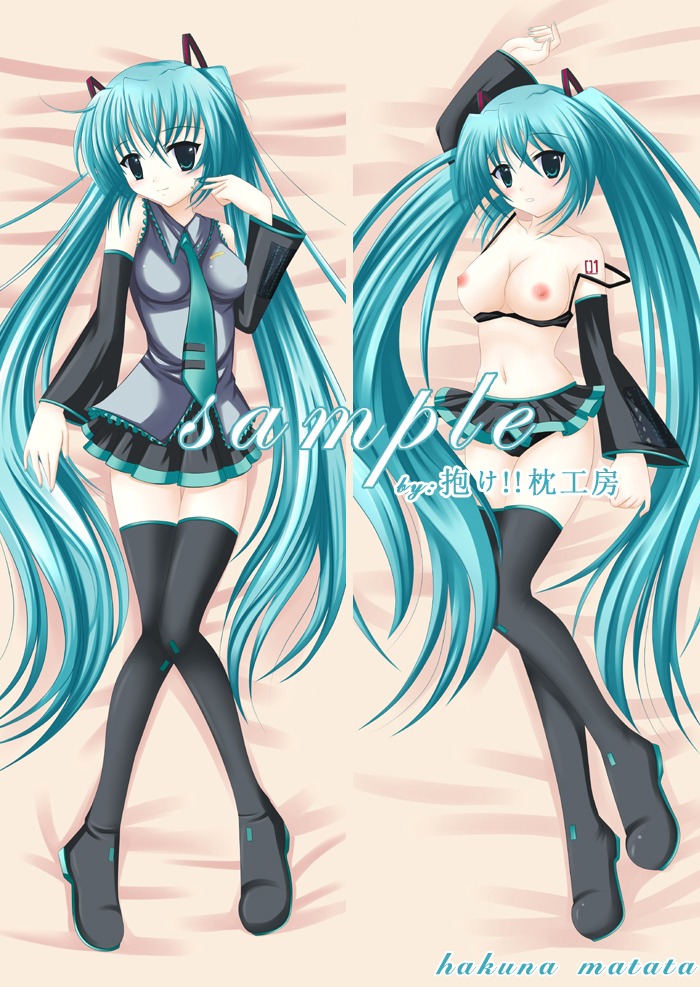 1girl 1girls aqua_eyes aqua_hair bra breasts detached_sleeves female female_only hakuna_matata hatsune_miku long_hair medium_breasts multiple_views necktie nipples panties rule34 sample_watermark skirt thighhighs twintails underwear very_long_hair vocaloid