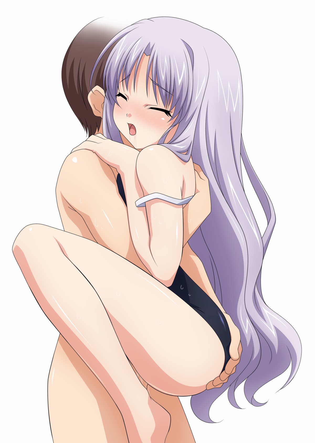 1boy 1girls ass ass_grab azmaria_hendric barefoot blush chrono_crusade closed_eyes female high_resolution hug lavender_hair long_hair male one-piece_swimsuit open_mouth pussy pussy_juice rule34 saliva school_swimsuit sex silver_hair simple_background straight strap_slip sugimura_tomokazu swimsuit uncensored very_long_hair white_background