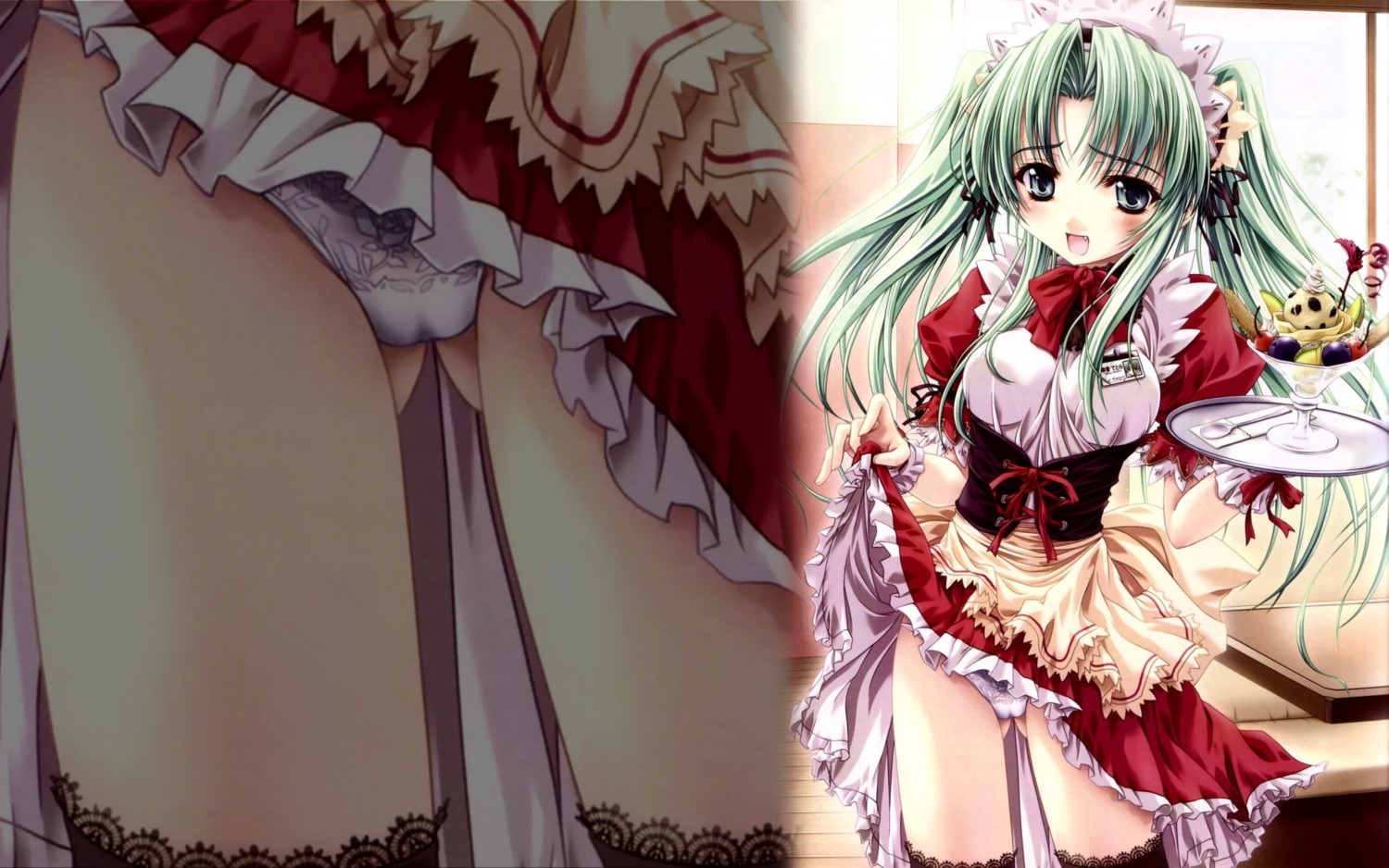 1girls blush bowtie breasts cameltoe cute_fang dress_lift female food green_hair highres open_mouth panties pussy rule34 solo spoon underwear waitress wallpaper wallpaper_for_the_brave