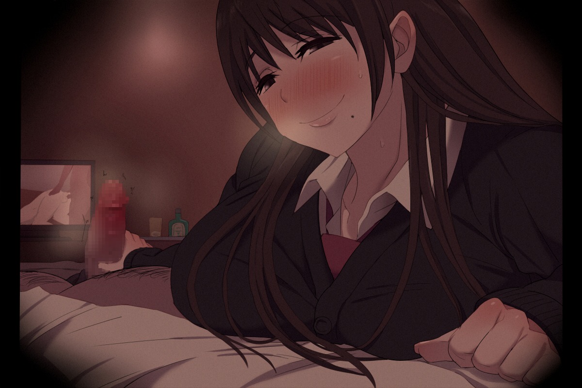 blush breasts brown_eyes brown_hair censored female handjob huge_breasts kuruta lips long_hair male mole penis pubic_hair rule34 smile sweat television tv
