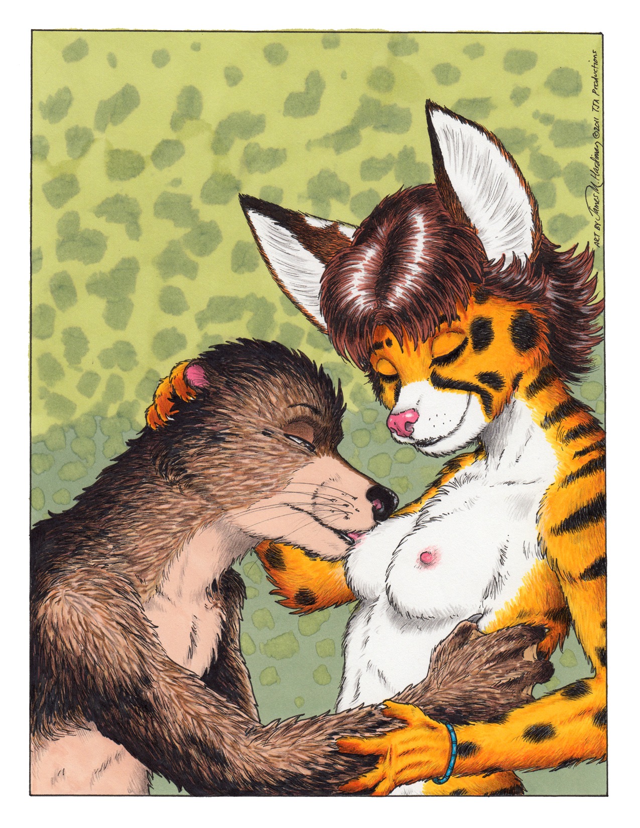 anthony_(cnc) anthro bedroom_eyes belly black_nose bracelet breasts brown_body brown_eyes brown_fur brown_hair cats_n'_cameras chest_tuft duo e621 eyes_closed felid feline female fur hair half-closed_eyes hi_res james_m_hardiman jewelry male mammal manila_doyle markings mature_anthro mature_female membrane_(anatomy) mustelid narrowed_eyes nipple_fetish nipple_play nipple_suck nipples nude otter pink_nose seductive serval spots sucking traditional_media_(artwork) tuft webbed_hands whiskers white_belly white_body white_fur yellow_body yellow_fur