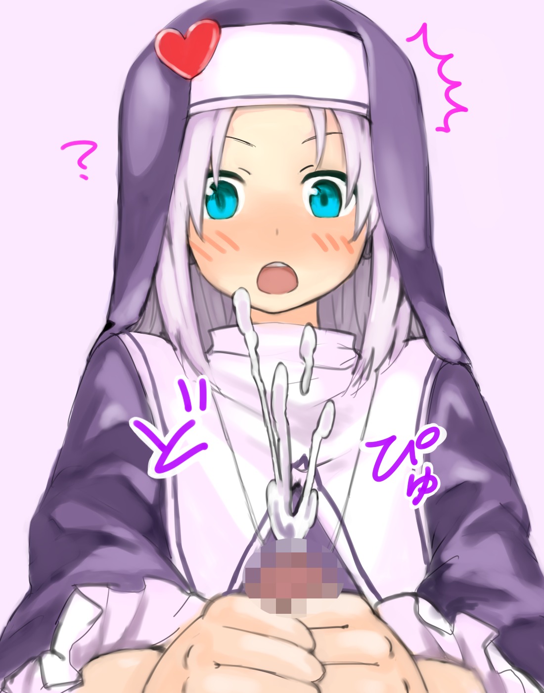 ? blonde_hair blue_eyes blush boku_wa_tomodachi_ga_sukunai censored cum ejaculation handjob heart highres jewelry long_hair male mitsuya_(okiagari) necklace nun open_mouth penis rule34 takayama_maria