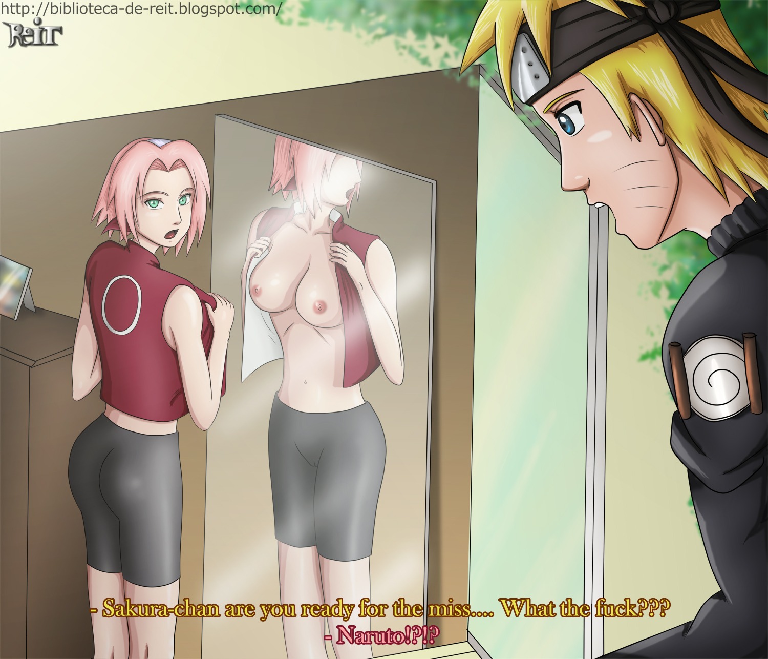 1boy 1girls breasts female human male mirror naruto naruto_(series) nude reit rule34 sakura_haruno undressing uzumaki_naruto