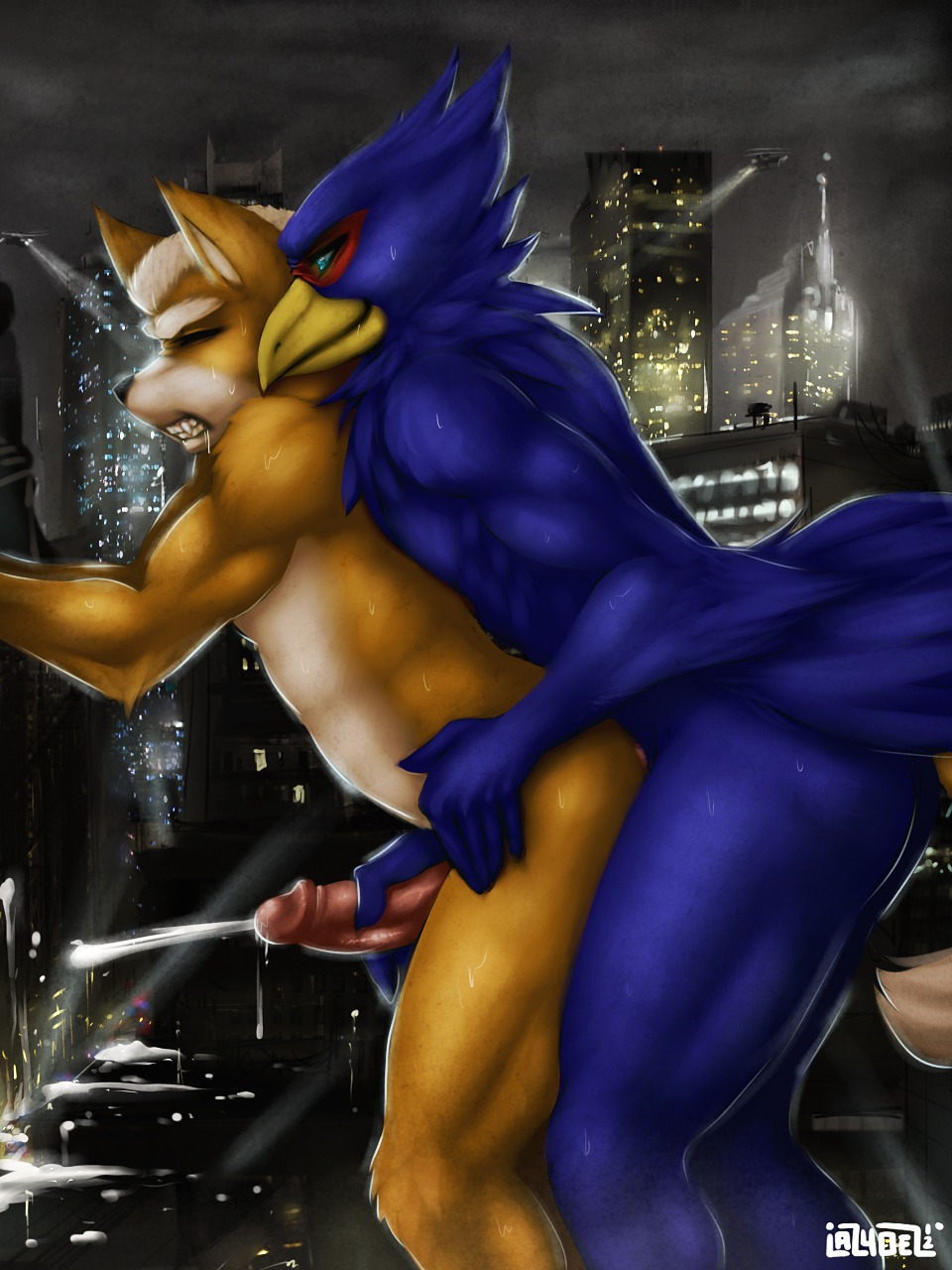 3:4 anal anal_penetration anthro anthro_on_anthro avian beak biceps bird blue_body blue_eyes blue_feathers bodily_fluids canid canine city cityscape cum cumshot detailed_background digital_media_(artwork) duo e621 ejaculation erection eyes_closed falco_lombardi feathers fox fox_mccloud fur genital_fluids genitals hi_res interspecies lazydez macro macro_on_macro male male/male male_penetrated male_penetrating male_penetrating_male mammal muscular nintendo nude orgasm pecs penetration penis saliva sex star_fox sweat