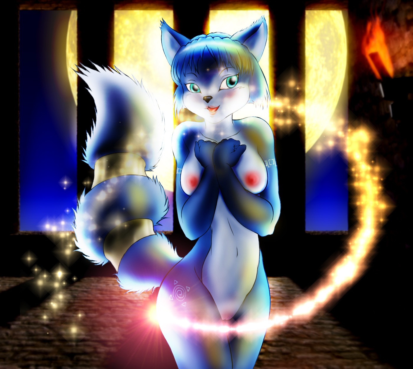 anthro blue_body blue_fur blue_hair breasts canid canine e621 female fox fur genitals hair hi_res krystal_(star_fox) lens_flare mammal nintendo nipples solo star_fox tail unknown_artist vulva white_body white_fur