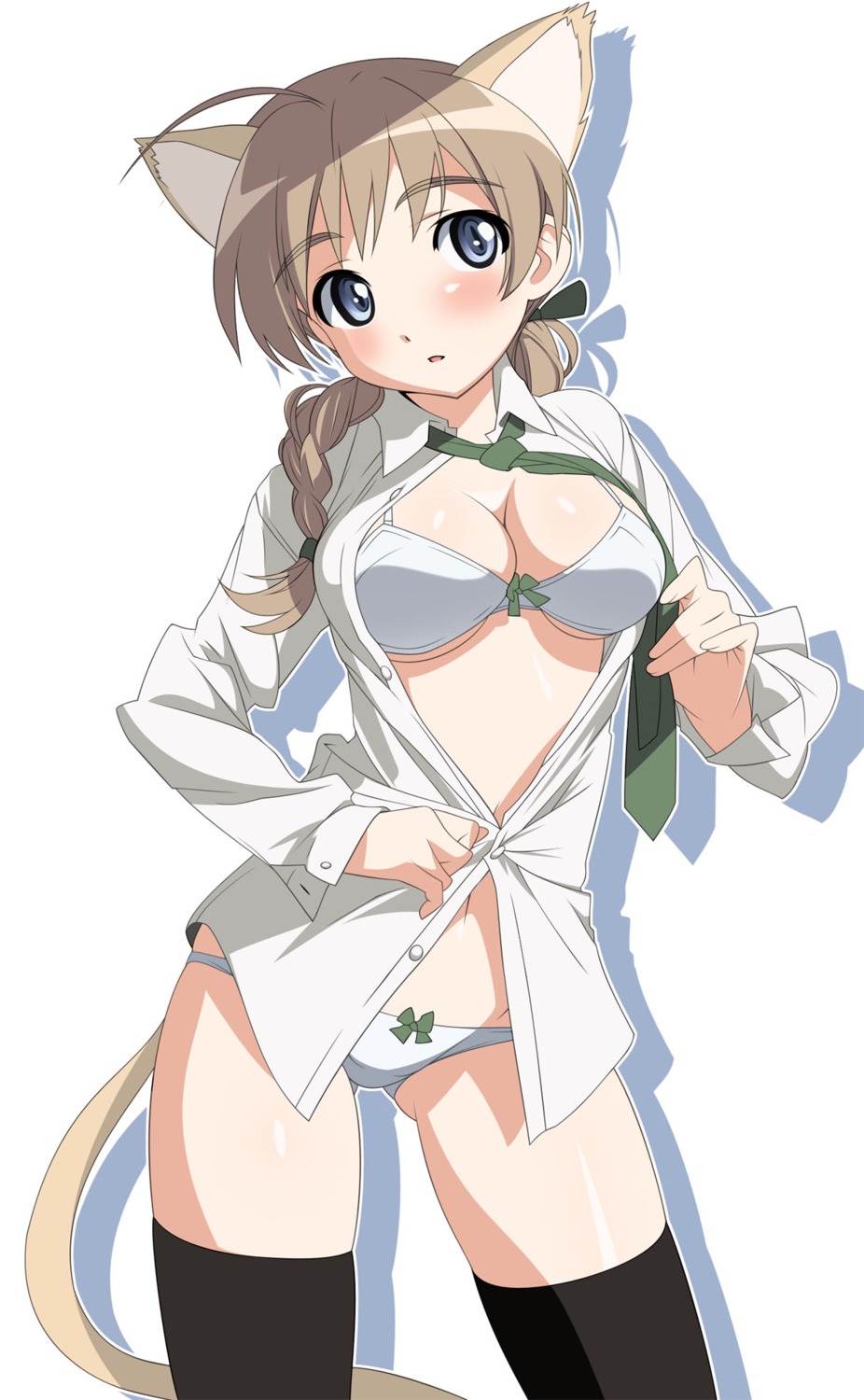 animal_ears black_legwear black_thighhighs blush bow bow_panties bra breasts cat_ears cat_tail clothing dress_shirt female hair_ribbon highres large_breasts lingerie lynette_bishop necktie open_clothes open_shirt panties pointy_chin ribbon rule34 shirt slit_pupils stockings strike_witches tail takamura_kazuhiro thighhighs underwear undressing world_witches_series