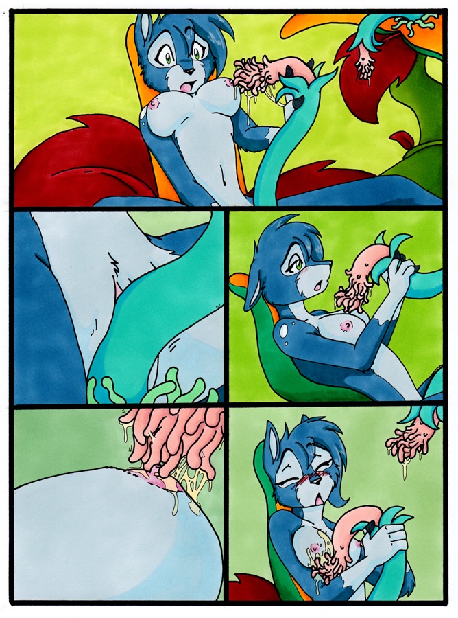 2010 anthro blue_body blue_fur breasts comic deer e621 female fur garden looking_pleasured mammal nipples plant plant_sex rubbing simple_background slime solo teasing tentacles tierafoxglove