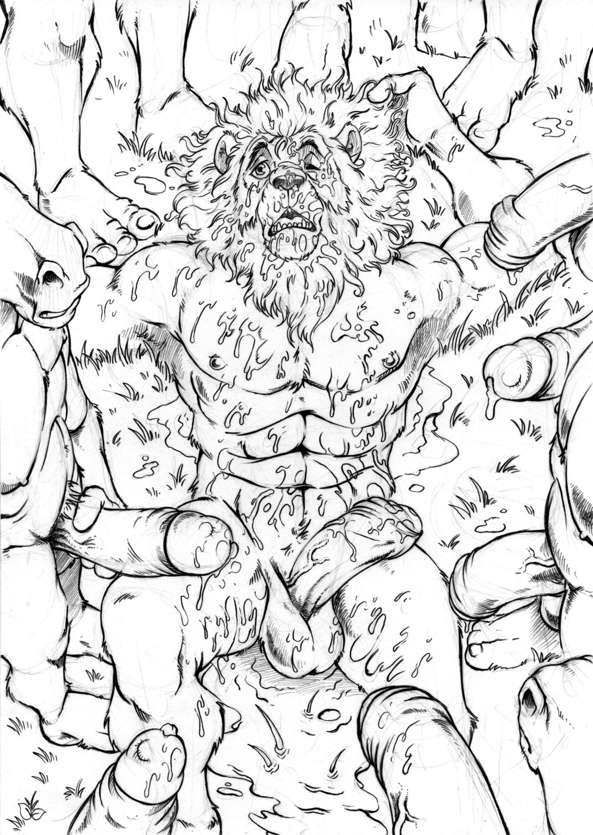 abs after_sex anthro balls biceps big_muscles bodily_fluids bukkake cum cum_everywhere e621 equid equine erection feet felid foreskin furryrevolution genital_fluids genitals graphite_(artwork) group half-erect hi_res hindpaw humanoid_genitalia humanoid_penis lion lying male male/male mammal messy monochrome muscular muscular_male nipples nude on_back pantherine partially_retracted_foreskin paws pen_(artwork) penis retracted_foreskin traditional_media_(artwork)