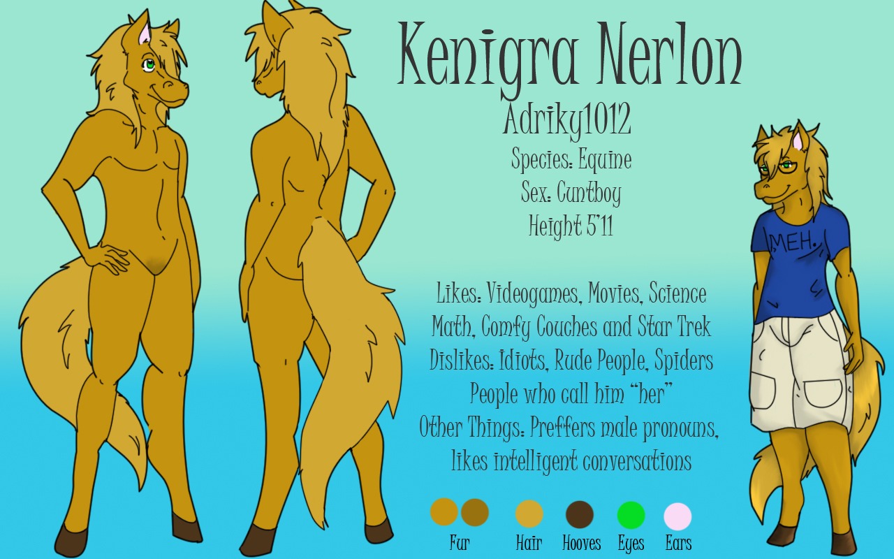 16:10 adriky1012 andromorph anthro biped blonde_hair bottomwear brown_body brown_fur brown_hair butt clothed clothing colored e621 english_text equid eyewear fur genitals glasses gradient_background green_eyes hair hand_on_hip hooves humanoid_pointy_ears intersex kenigra_nerlon mammal model_sheet nude pointy_ears pose profanity shirt shorts simple_background snout solo standing tail text topwear vixykins vulva widescreen