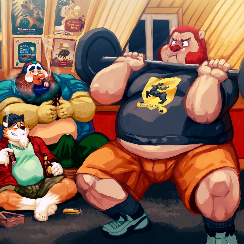 1:1 anatid anseriform anthro anthro_on_anthro avian bear beard bird blazingcheecks bobo_(blazingcheecks) bodily_fluids bottomwear canid canine cigar clothed clothing cum cum_in_clothing cum_in_pants cum_through_pants duck e621 erection erection_under_clothing exercise facial_hair footwear fox genital_fluids genitals group hat headgear headwear jesse_(blazingcheecks) legwear male male/male mammal overweight penis precum shoes shorts sideburns smoke smoking socks trio weightlifting workout zipp_(blazingcheecks)