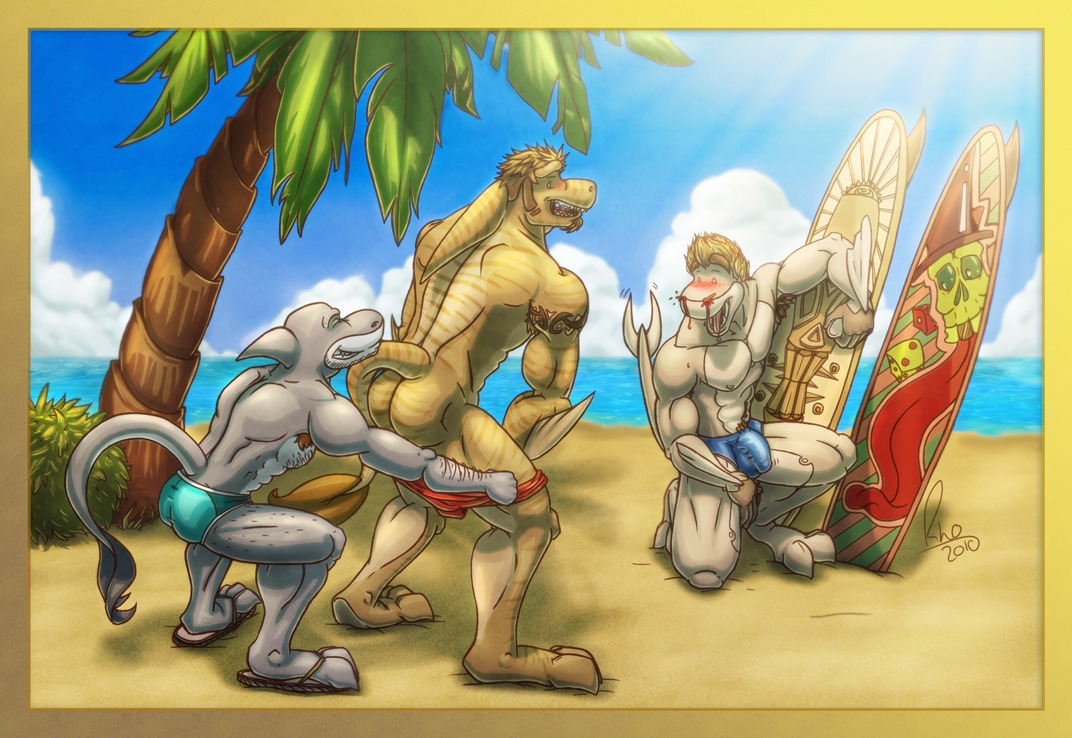 2010 anime_nosebleed anthro aquatic assisted_exposure beach blood blush bodily_fluids bone bulge butt clothed clothing cloud d6 detailed_background detailed_bulge dice e621 fin fish footwear genital_outline great_white_shark group mackerel_shark male male/male muscular nosebleed omegaro outside pantsing penis_outline public sand sand_shark sand_tiger_shark sandals sea seaside shark shoes skull sky speedo surfboard swimwear tail vehicle water watercraft white_shark zeak_(omegaro)