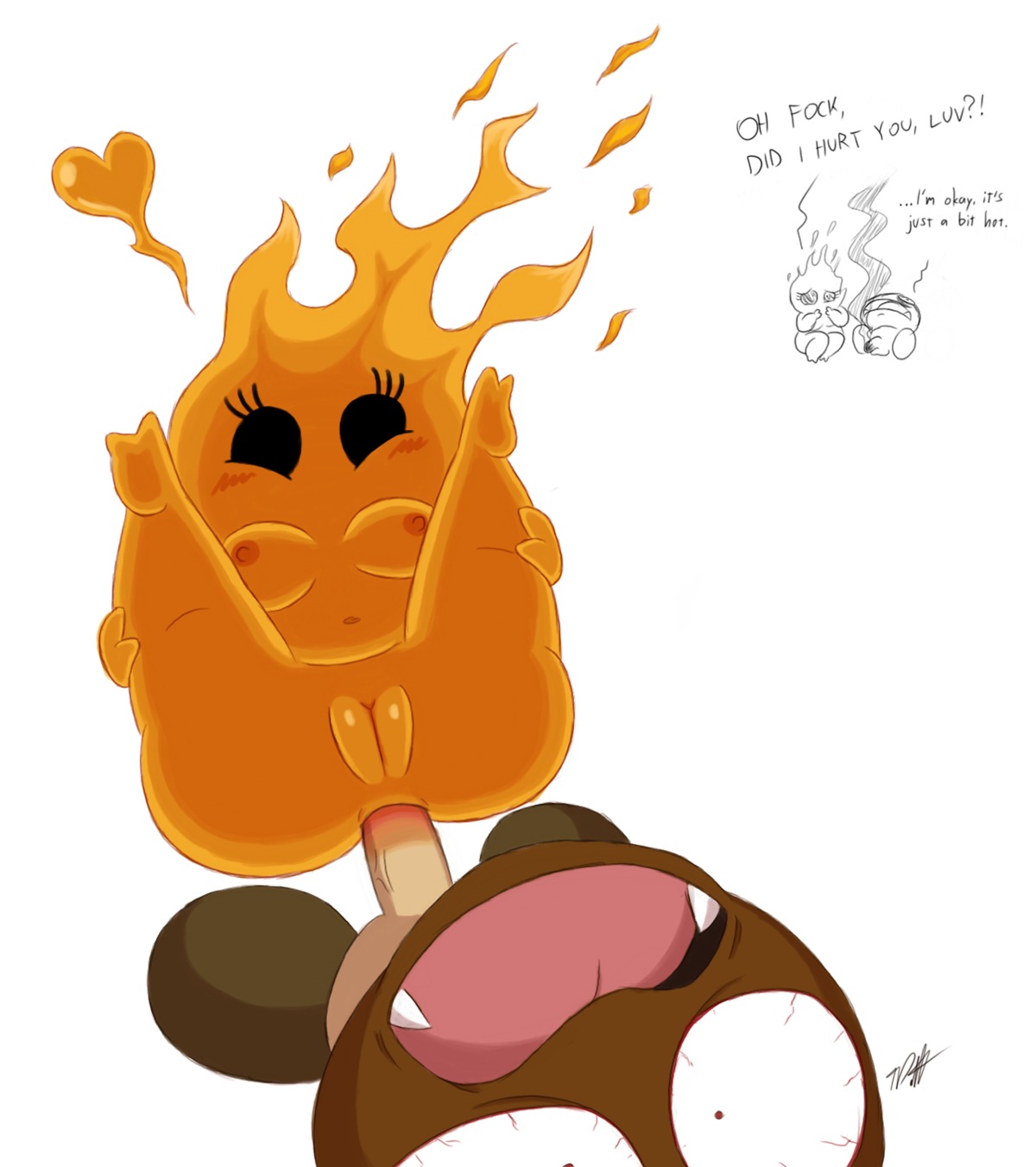 2014 anal answer asking asking_another asking_for_status blush breasts concern_for_another concern_for_partner dialogue digital_drawing_(artwork) digital_media_(artwork) duo e621 ellipsis english_text female genitals goomba heart_symbol hi_res interspecies male mario_bros mixed_media nintendo not_furry nude oops podoboo profanity question shortstack talking_to_another talking_to_partner text timoteihiv unavailable_at_source vulva worried wounded yes-no_question