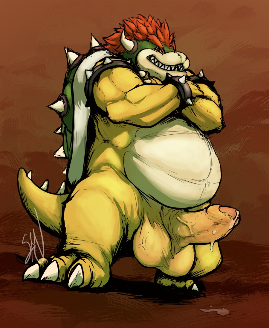 2012 anthro balls belly big_balls big_penis biped bodily_fluids bowser bracelet collar crossed_arms cum cum_drip dripping e621 erection fangs foreskin genital_fluids genitals grin hair horn huge_balls humanoid_genitalia humanoid_penis jewelry koopa looking_at_viewer male mario_bros nintendo non-mammal_balls nude obese obese_anthro obese_male overweight overweight_anthro overweight_male partially_retracted_foreskin penis precum reptile scalie shell simple_background smile solo spikes suck_mcjones tail teeth thick_penis vein