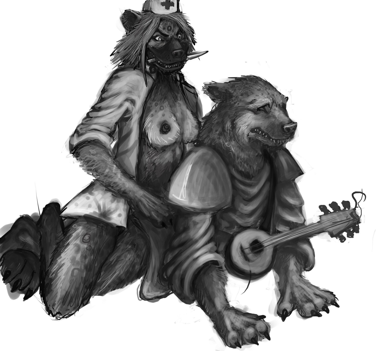 anal anal_penetration anthro anthro_on_anthro breasts clothing dominant dominant_female duo e621 fangs female female_penetrated gnoll gnollbard hi_res hyena knife lute male male/female male_penetrating male_penetrating_female mammal monochrome musical_instrument nipples nurse nurse_verity penetration plucked_string_instrument rape_face sex simple_background spotted_hyena string_instrument submissive submissive_male teeth uniform unknown_artist white_background