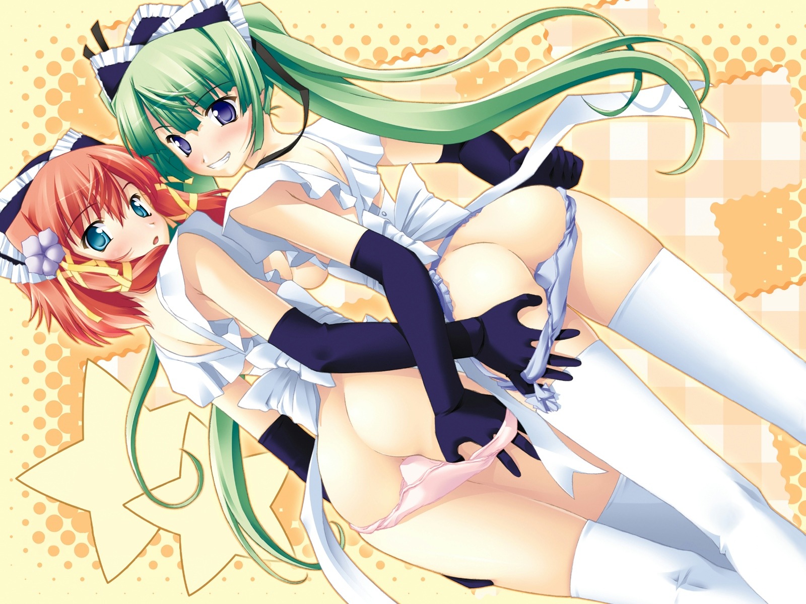 2girls :o akizuki_komari apron aqua_eyes ass ass_grab blue_eyes blue_panties blush breasts dutch_angle elbow_gloves emupii_maid_promotion_master female flower garter_belt gloves green_hair grin hair_flower hair_ornament homura_yukine long_hair looking_at_viewer looking_back medium_breasts multiple_females multiple_girls nearly_naked_apron panties panty_pull pink_panties red_hair ribbon rule34 short_hair sideboob smile take_your_pick tamahiyo thighhighs twintails underwear very_long_hair white_thighhighs yuri
