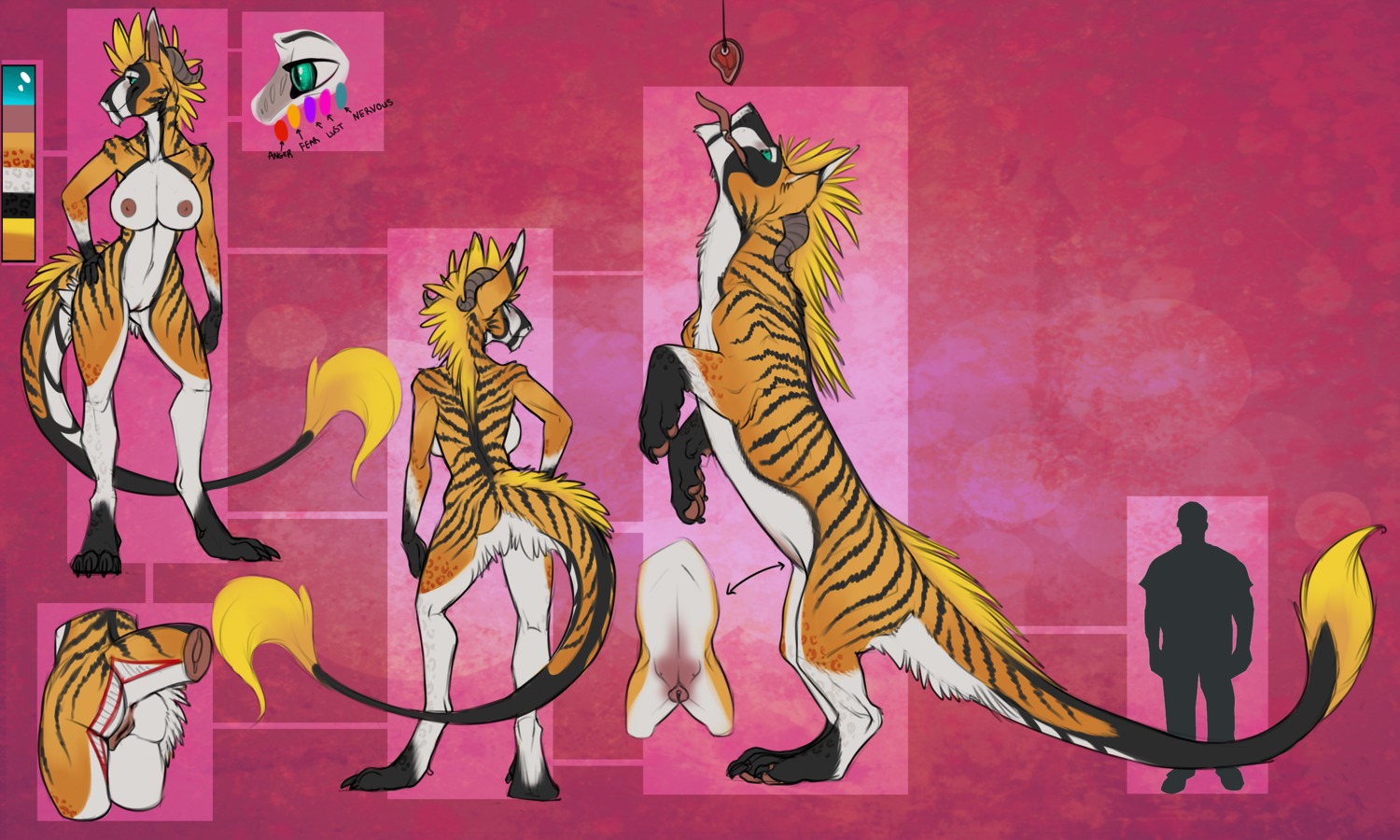 5:3 anthro black_body black_fur blonde_hair breasts color_swatch dragon e621 felkin female feral fluffy fur furred_dragon furred_scalie genitals hair hi_res hiero-reine horn leopard_spots model_sheet mythological_creature mythological_scalie mythology nipples non-mammal_breasts orange_body orange_fur presenting scalie side_view solo spots spread_legs spreading stripes tail teats turnaround vulva xenoforge
